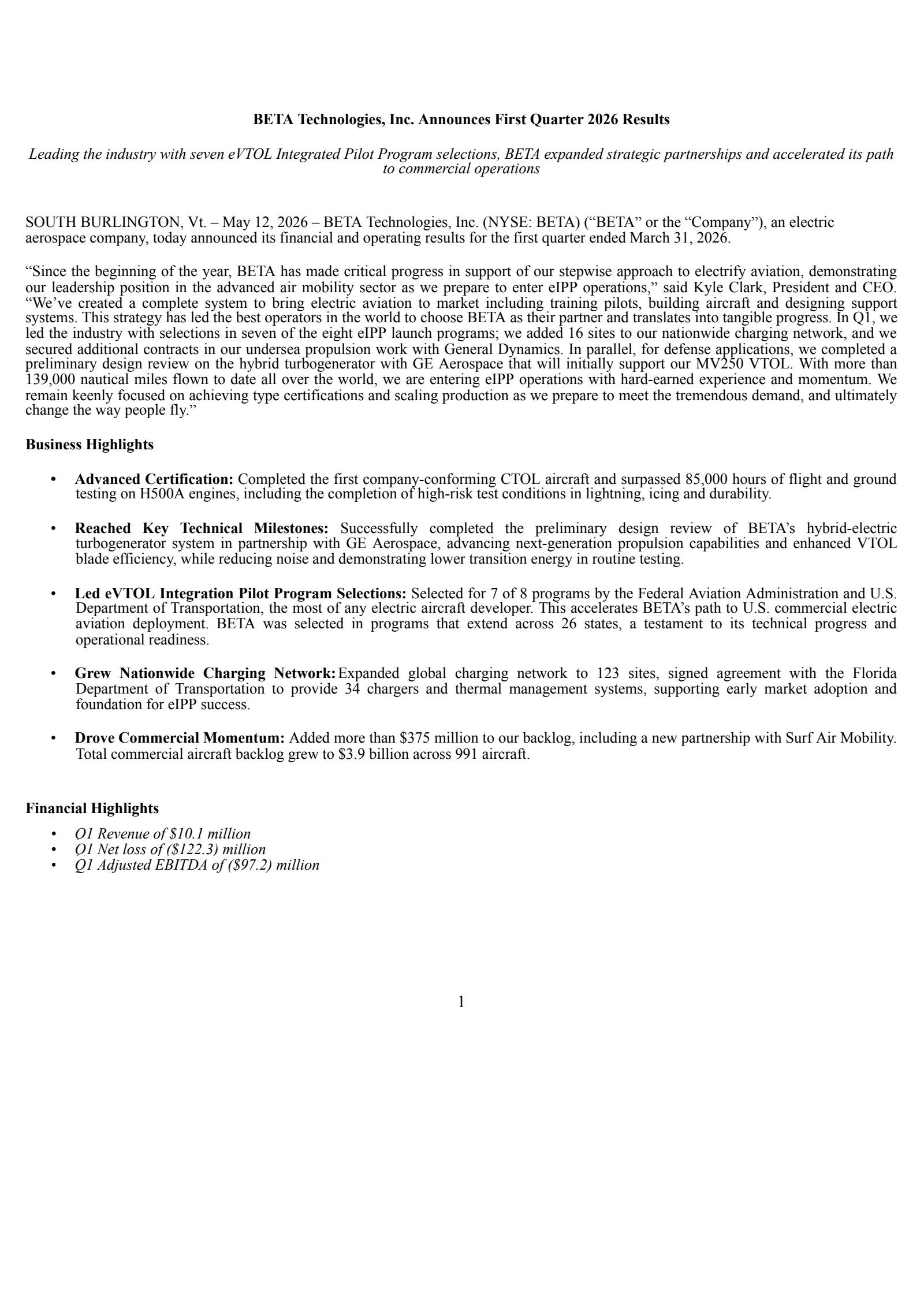 BETA Technologies' Q1 2026 Press Release