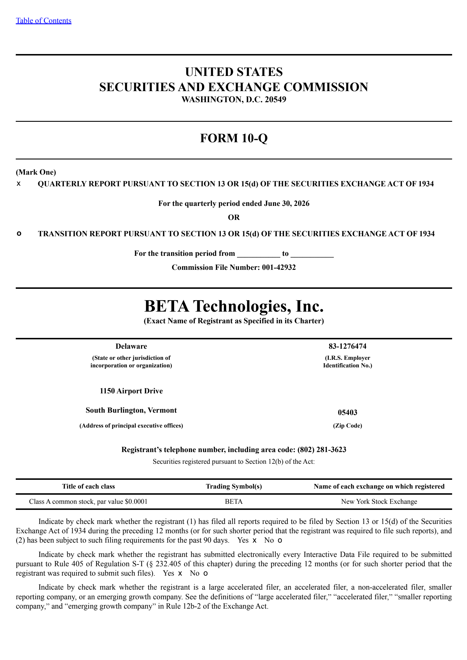 BETA Technologies' Q2 2026 Quarterly report