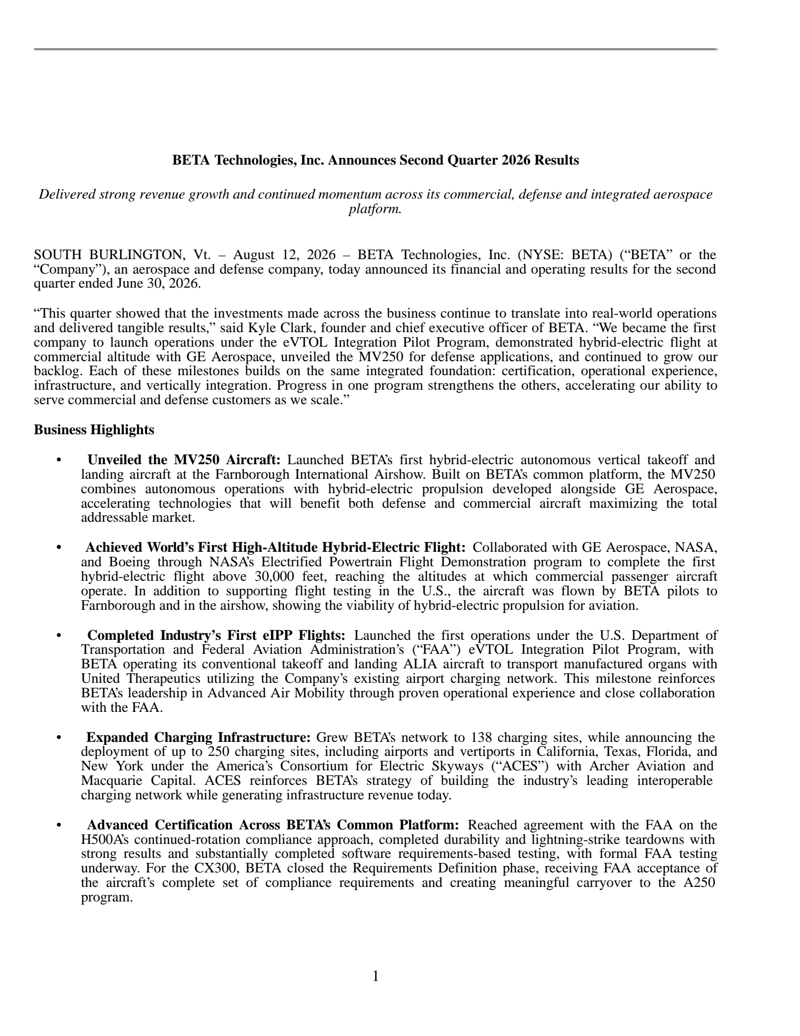 BETA Technologies' Q2 2026 Press Release