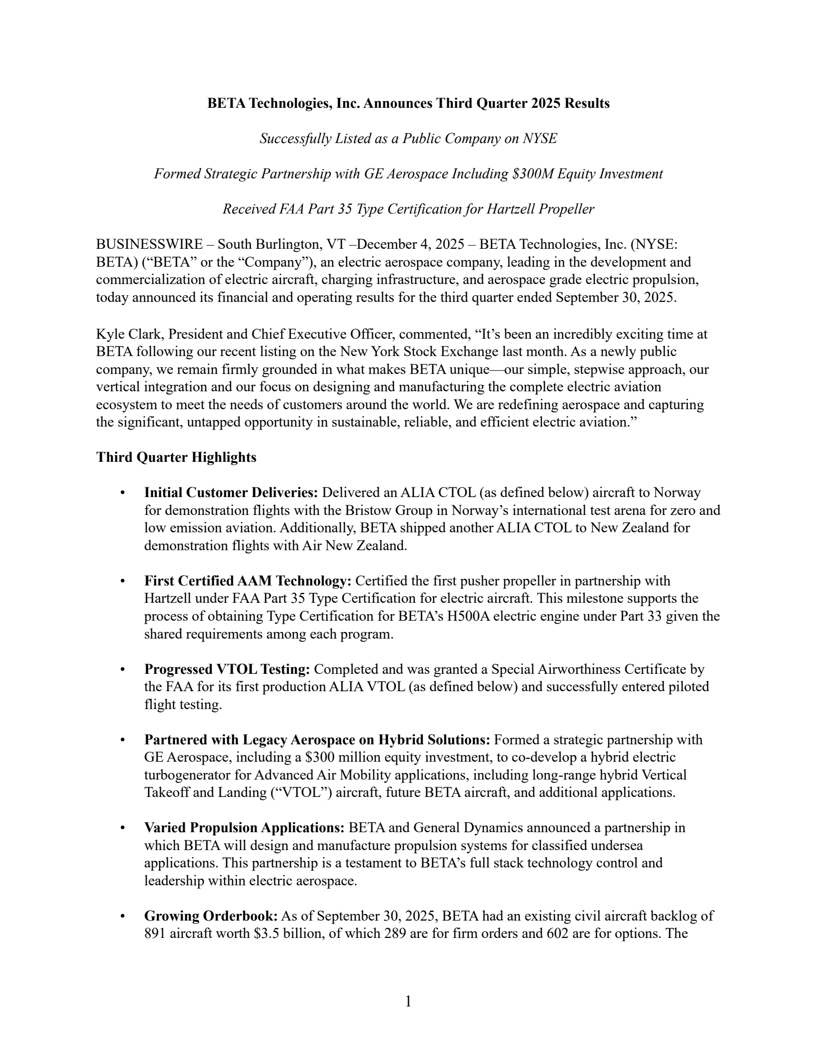 BETA Technologies' Q3 2025 Earnings Release