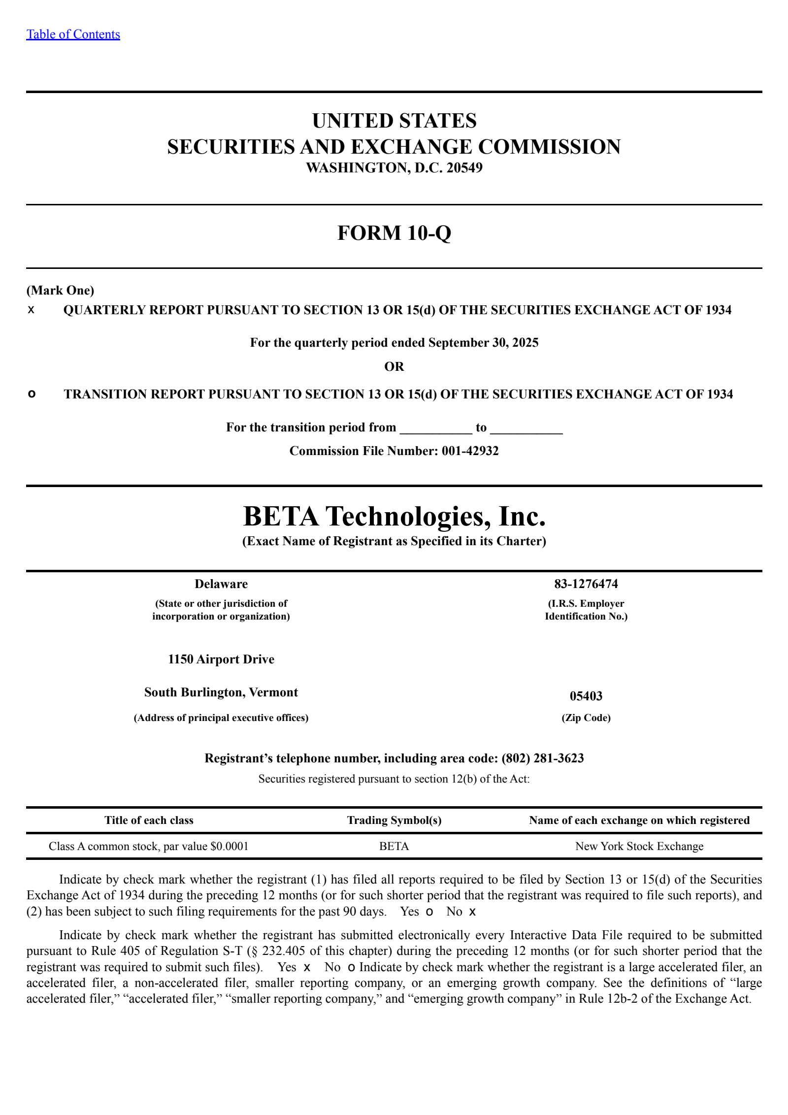 BETA Technologies' Q3 2025 Quarterly Report
