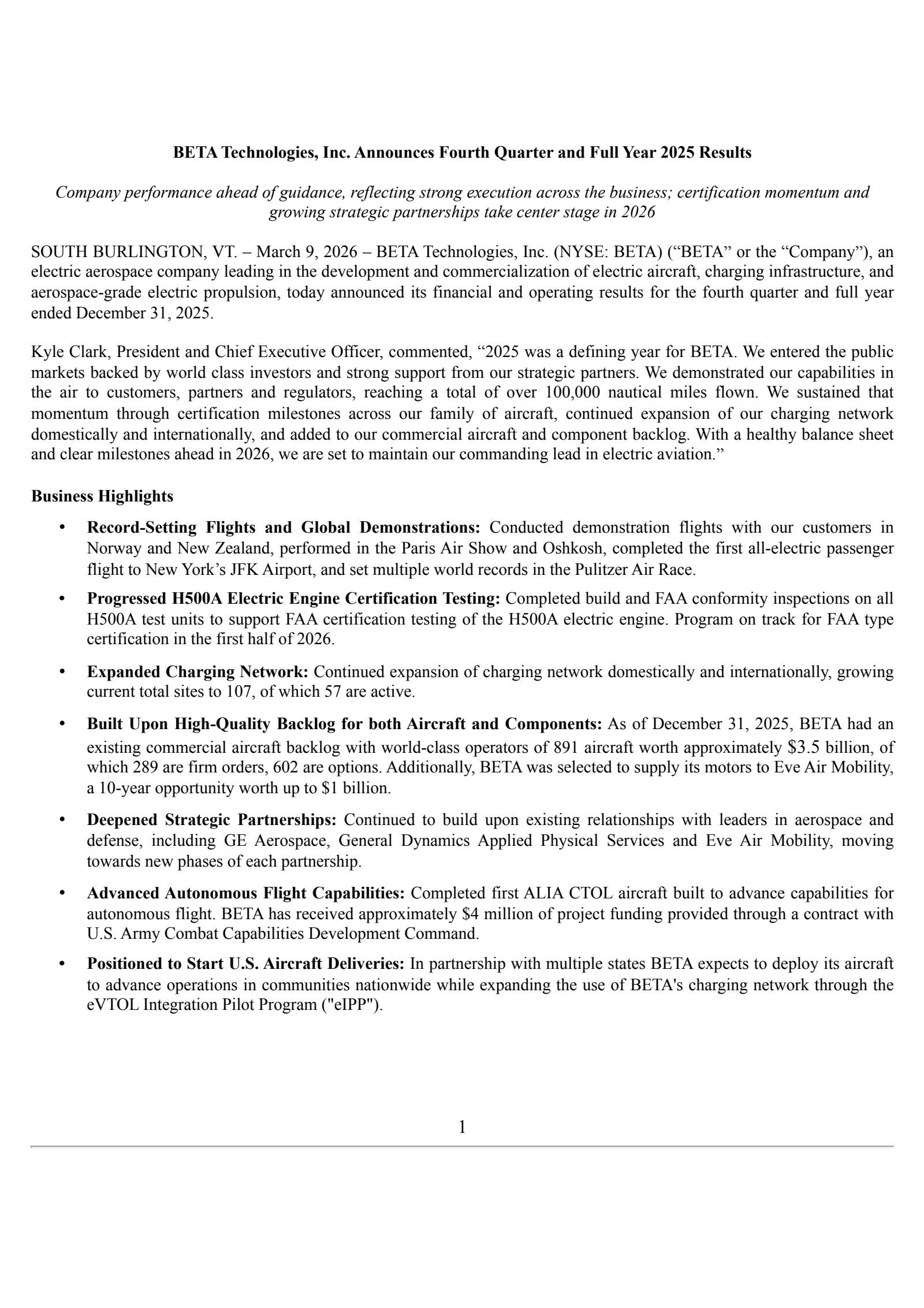 BETA Technologies' Q4 2025 Press Release