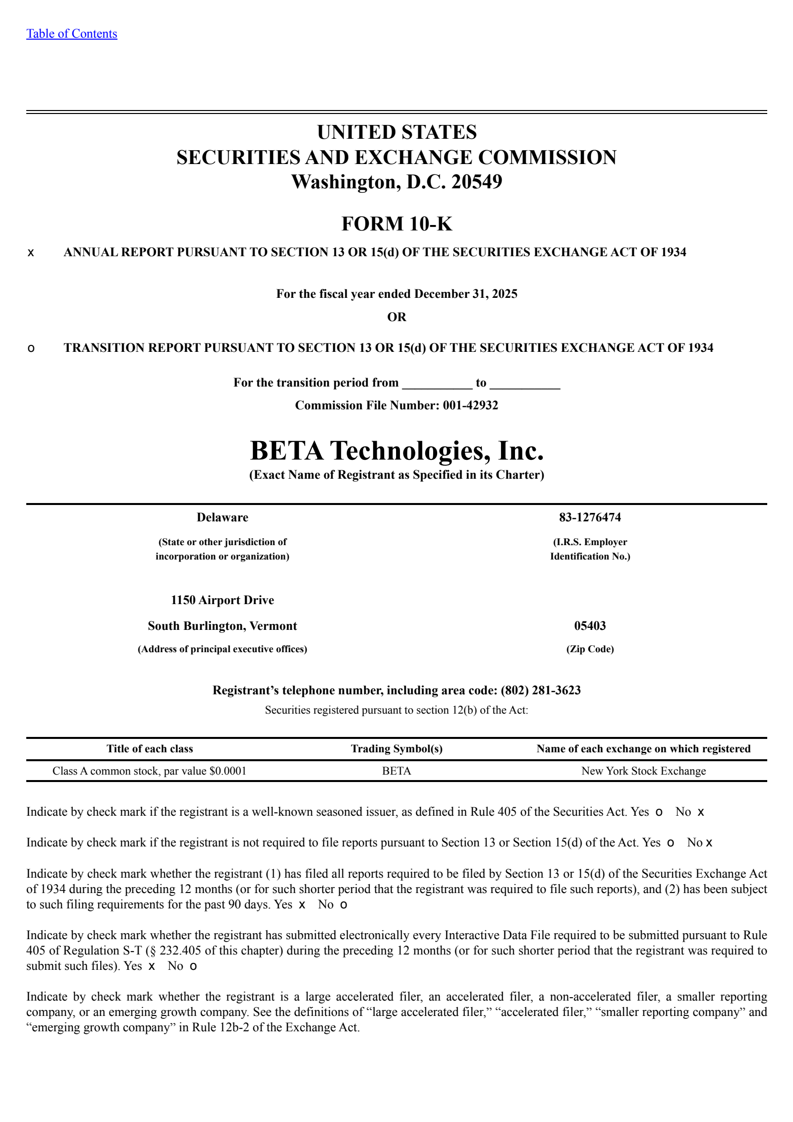 BETA Technologies' Q4 2025 Annual report