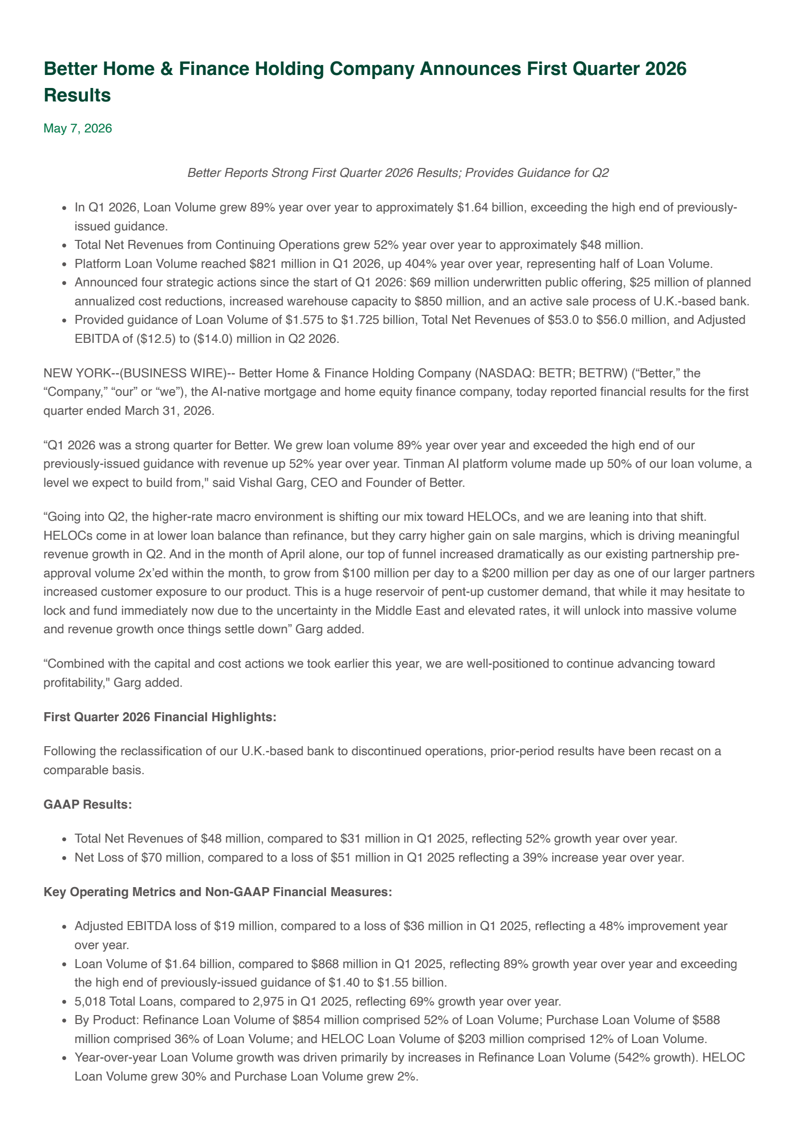 Better Home & Finance's Q1 2026 Press Release