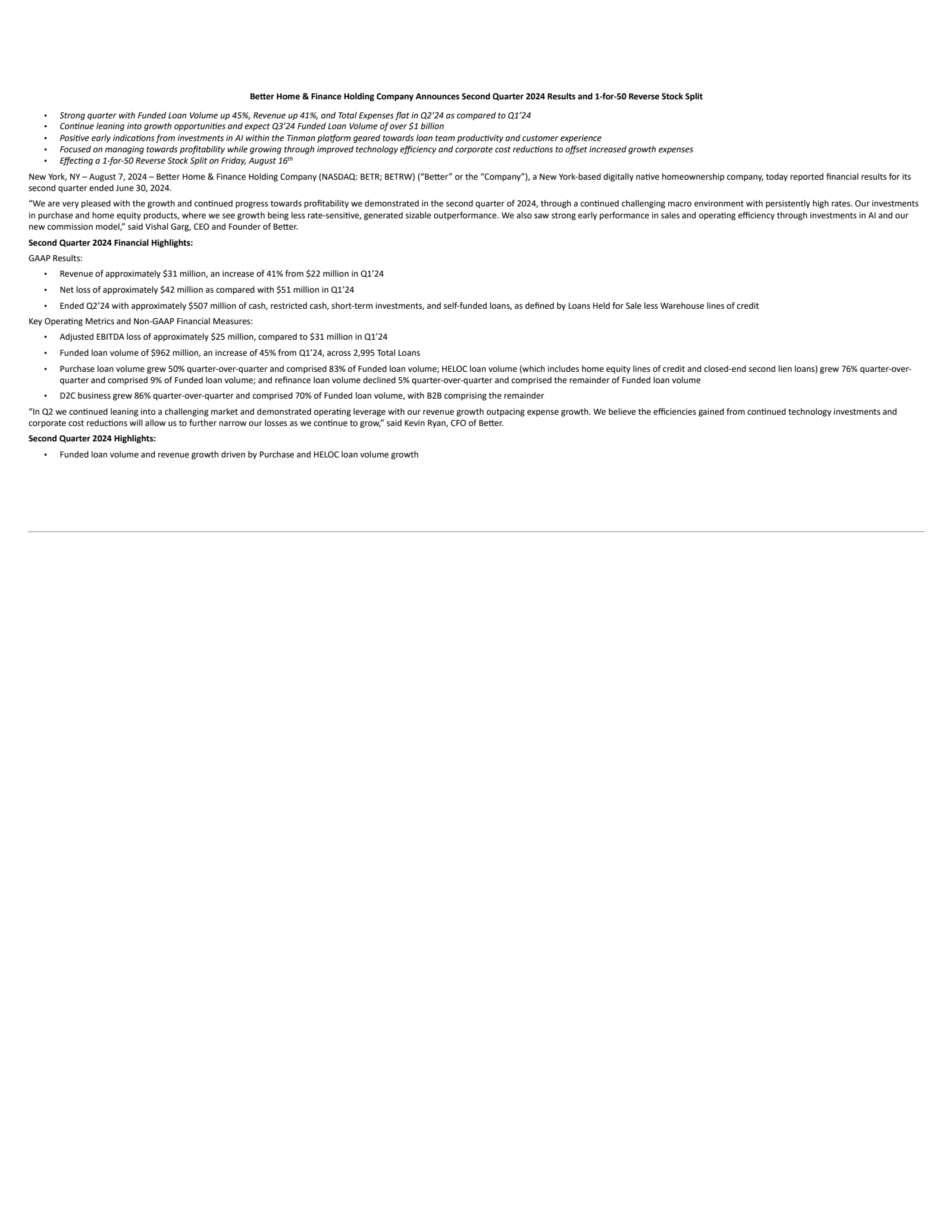 Better Home & Finance's Q2 2024 Press Release