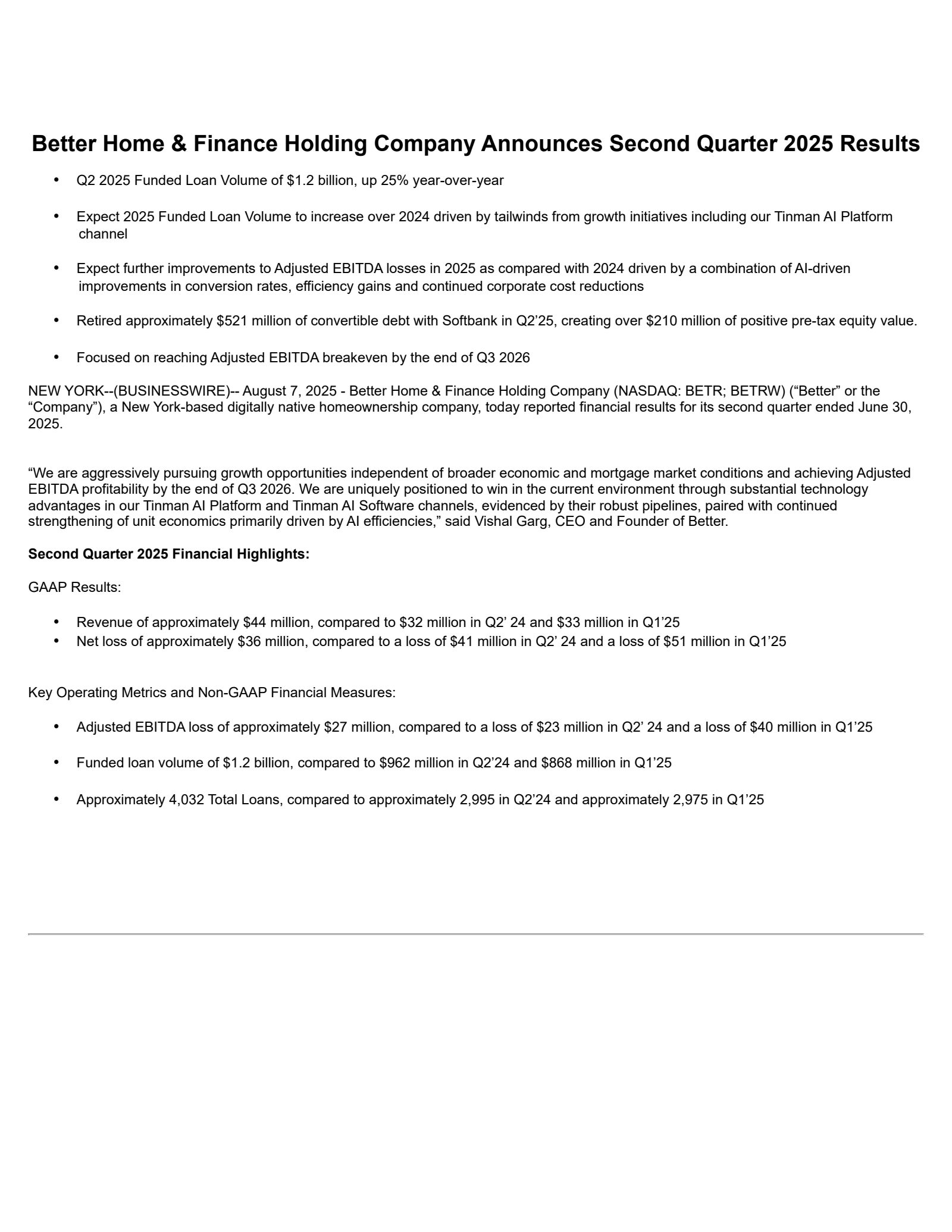 Better Home & Finance's Q2 2025 Press Release