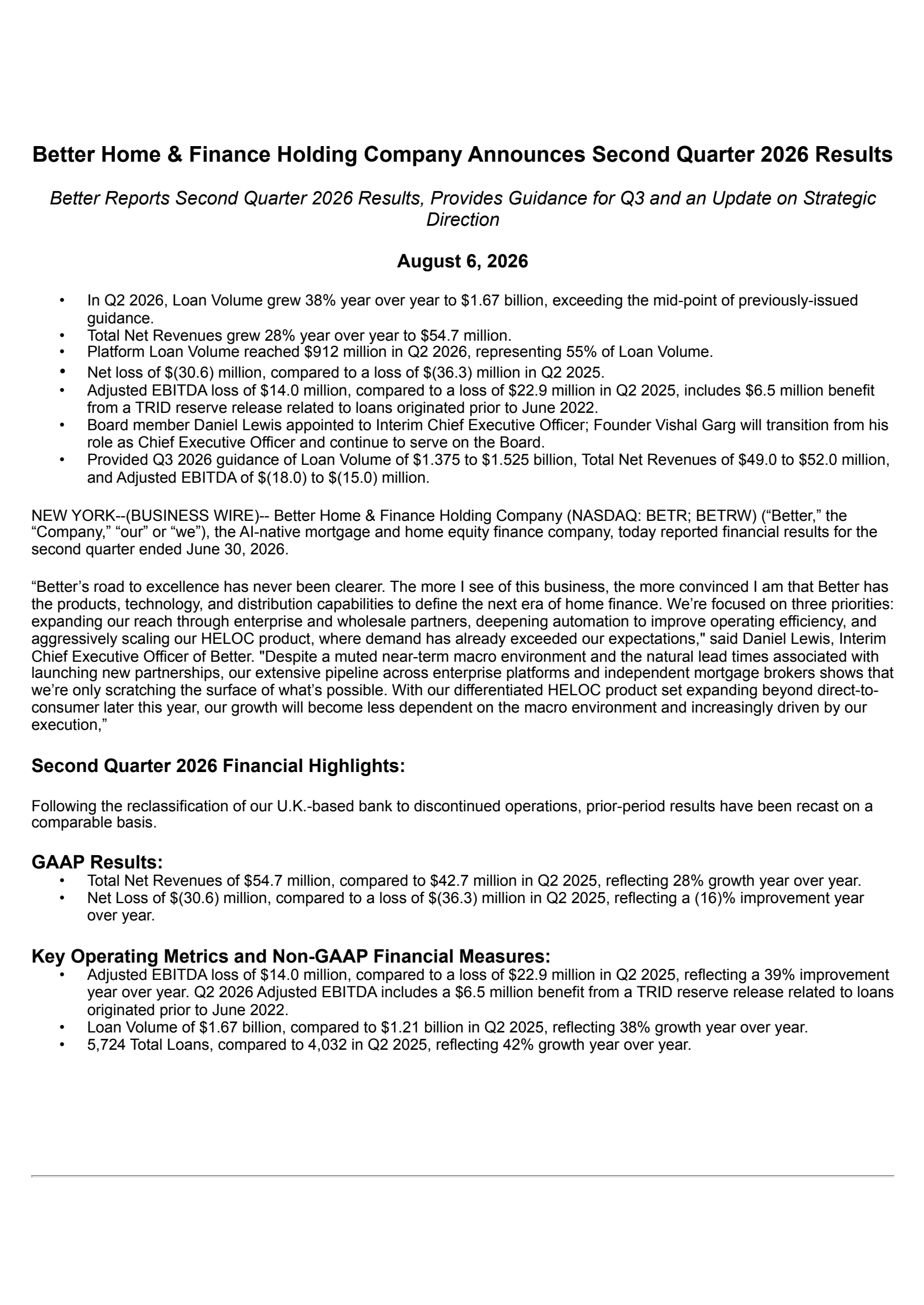 Better Home & Finance's Q2 2026 Press Release