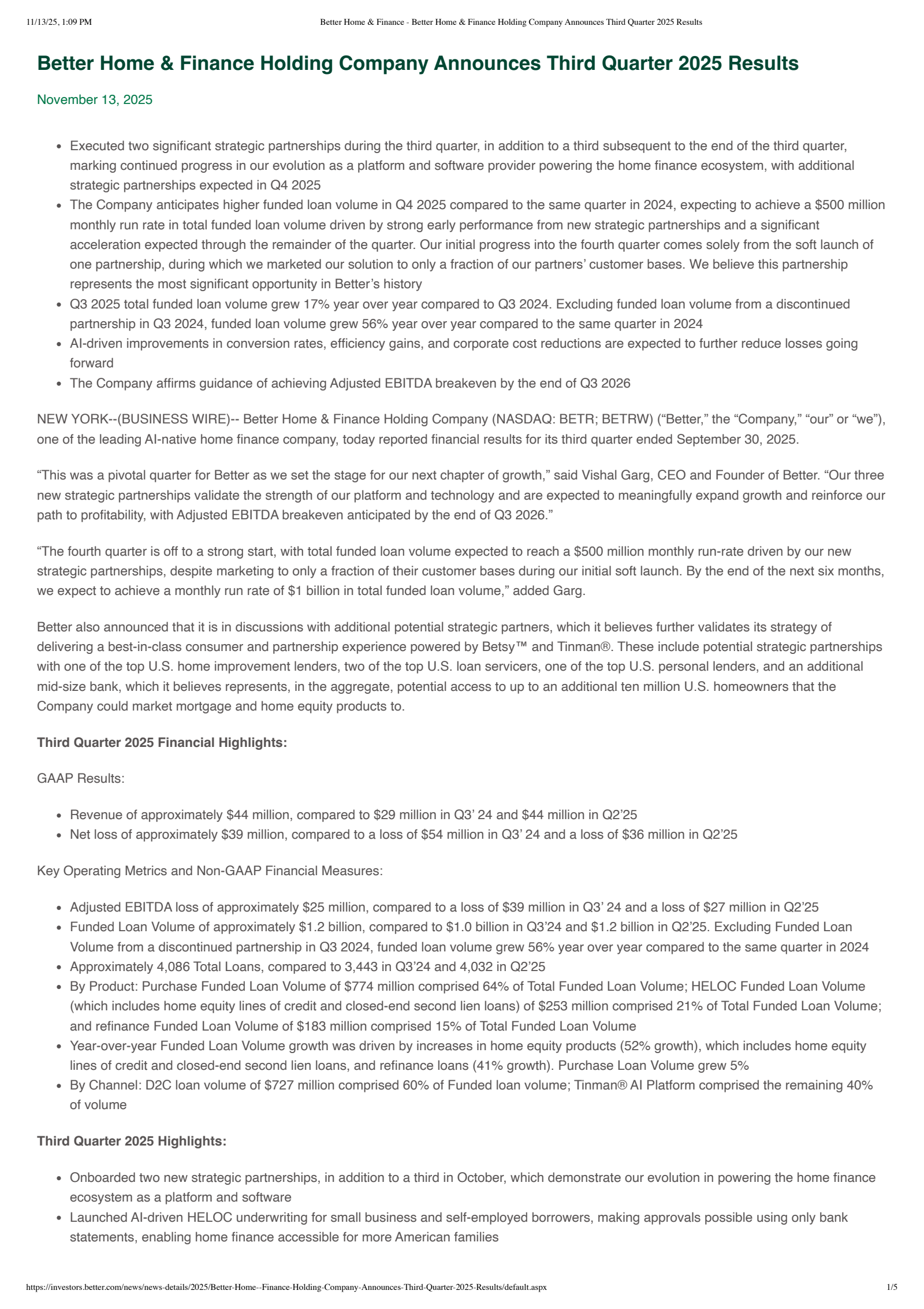 Better Home & Finance's Q3 2025 Earnings Release