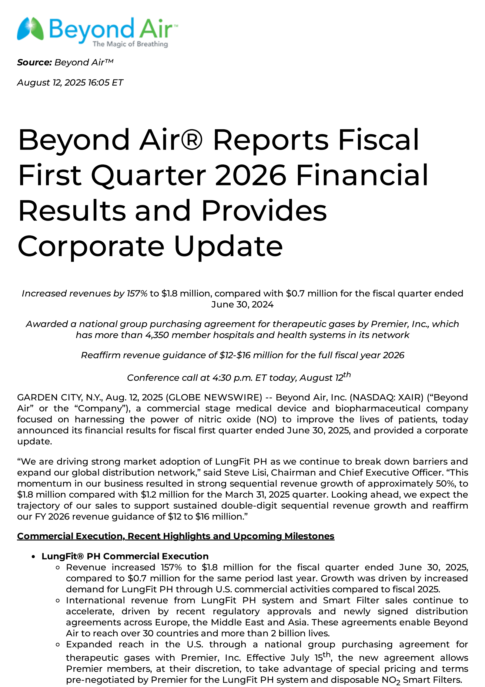 Beyond Air's Q1 2026 Press Release