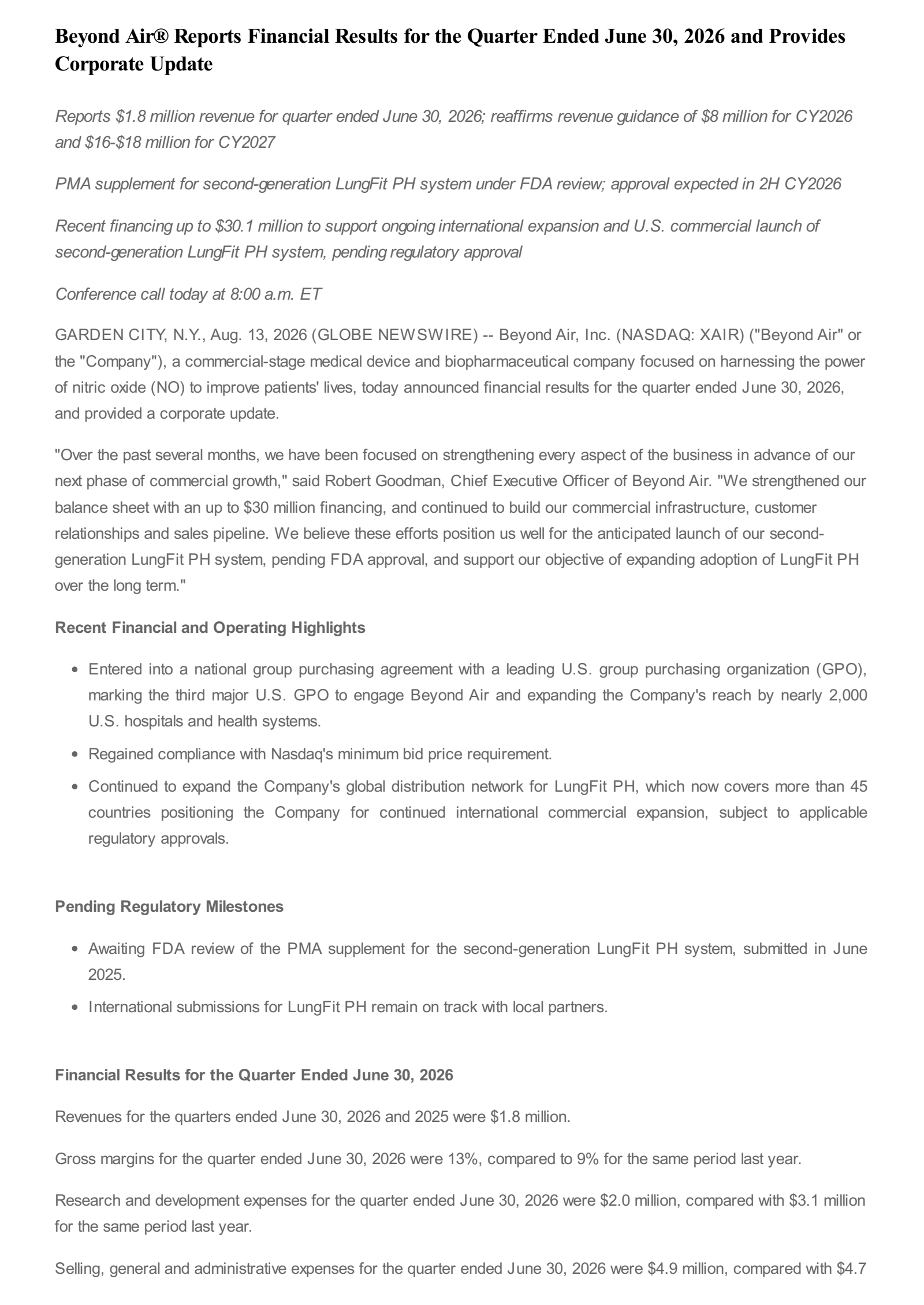 Beyond Air's Q1 2027 Press Release