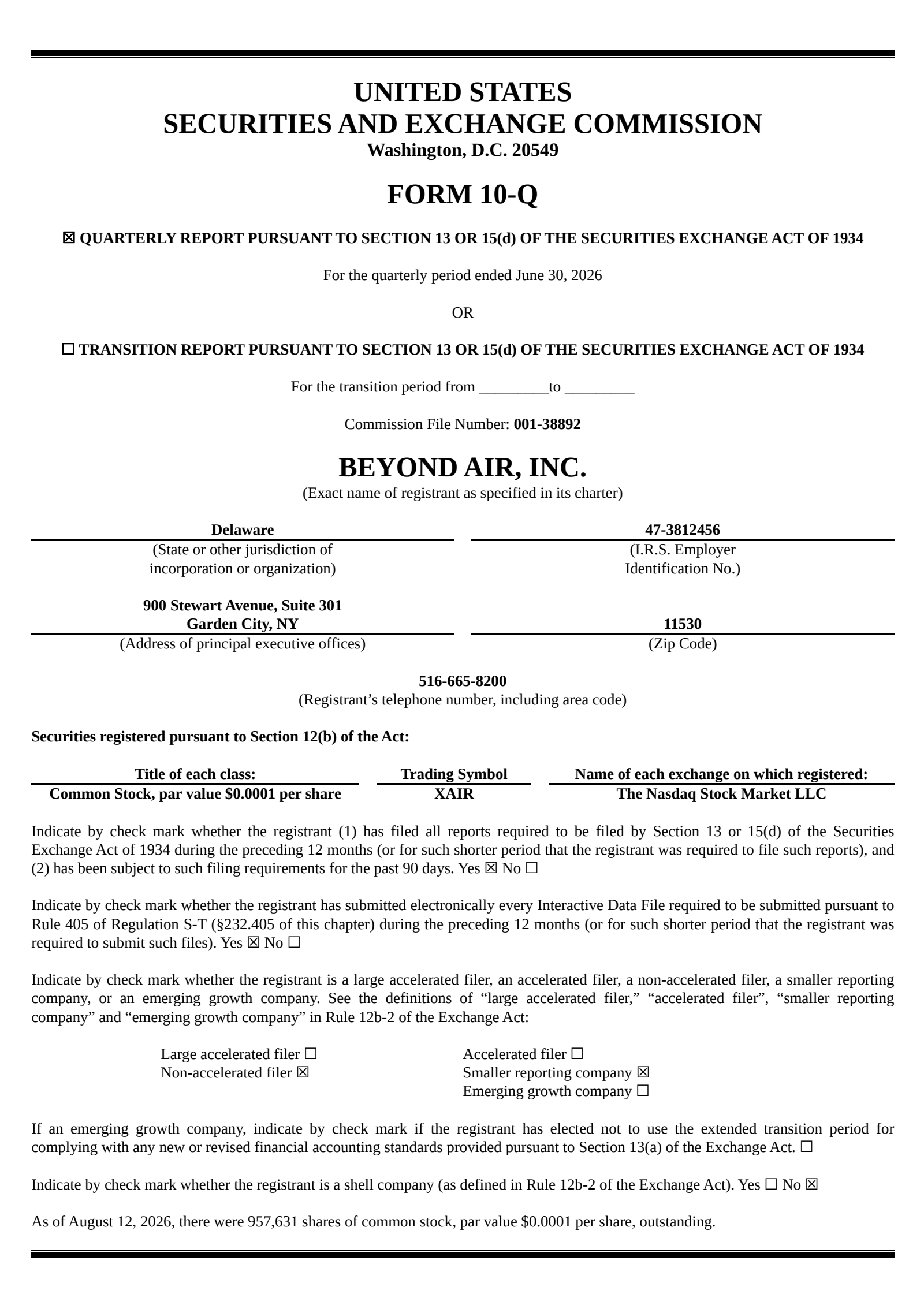 Beyond Air's Q1 2027 Quarterly report
