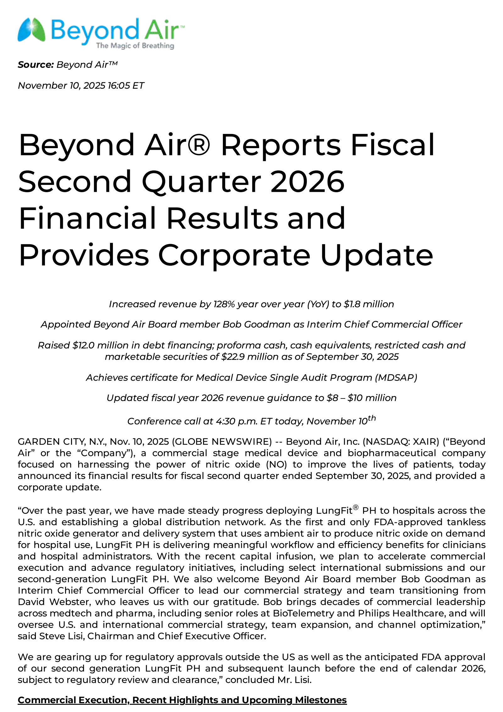 Beyond Air's Q2 2026 Earnings Release