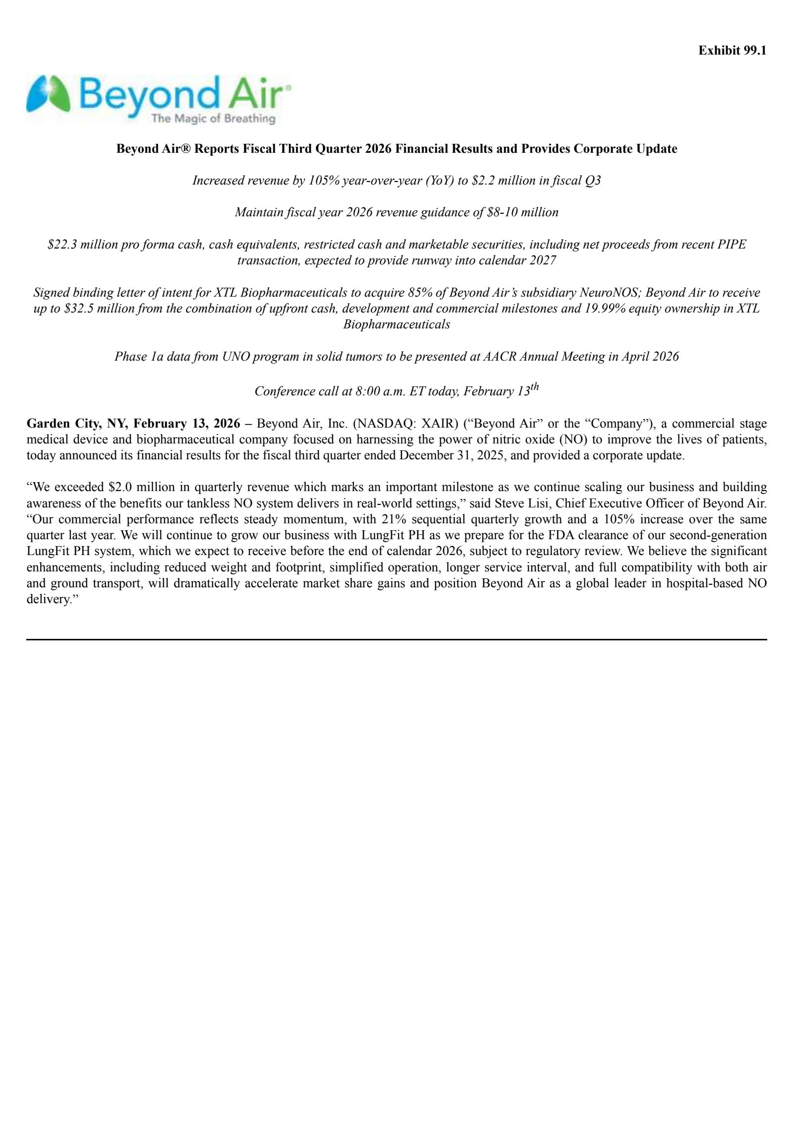 Beyond Air's Q3 2026 Press Release