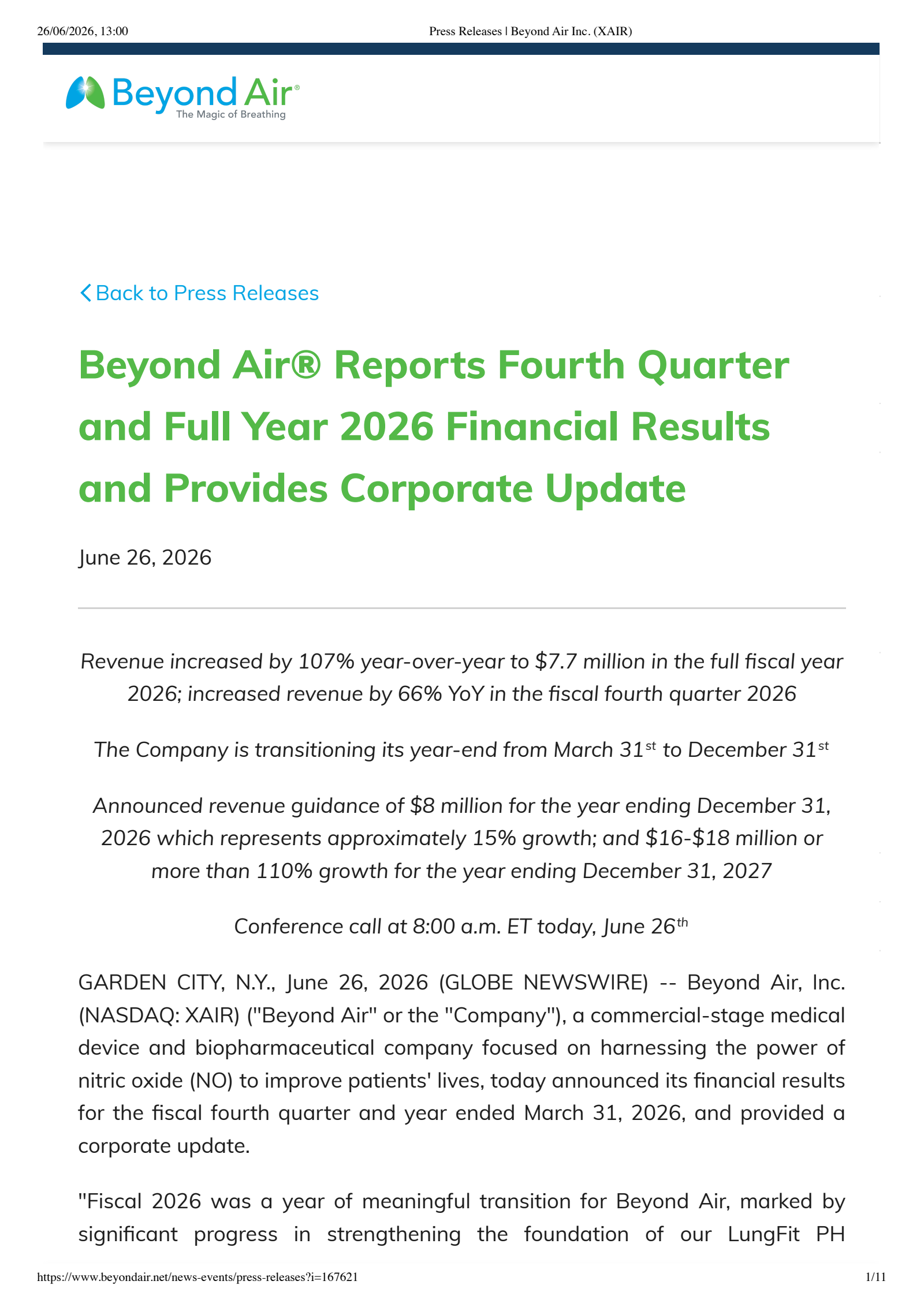 Beyond Air's Q4 2026 Press Release