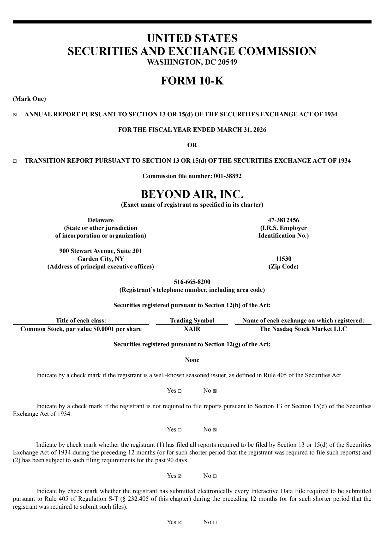 Beyond Air's Q4 2026 Annual report