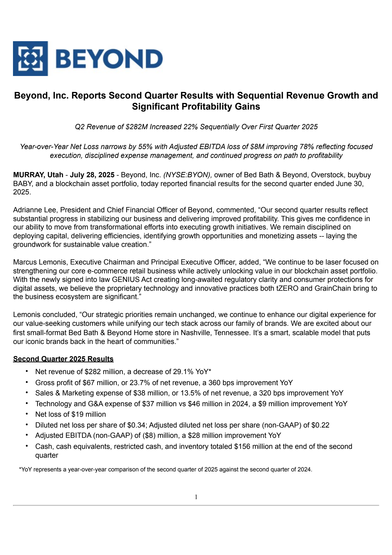 Beyond's Q2 2025 Press Release