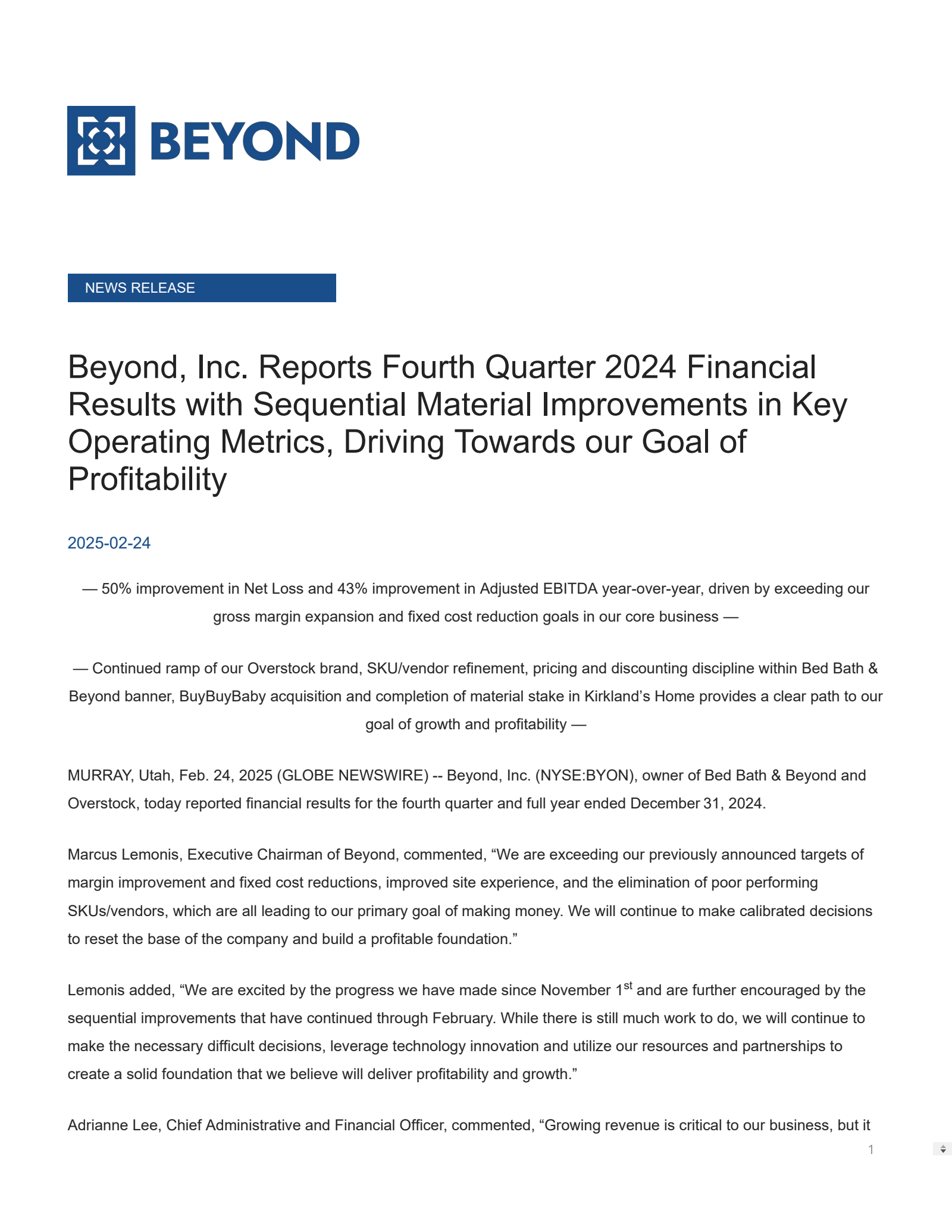 Beyond's Q4 2024 Press Release