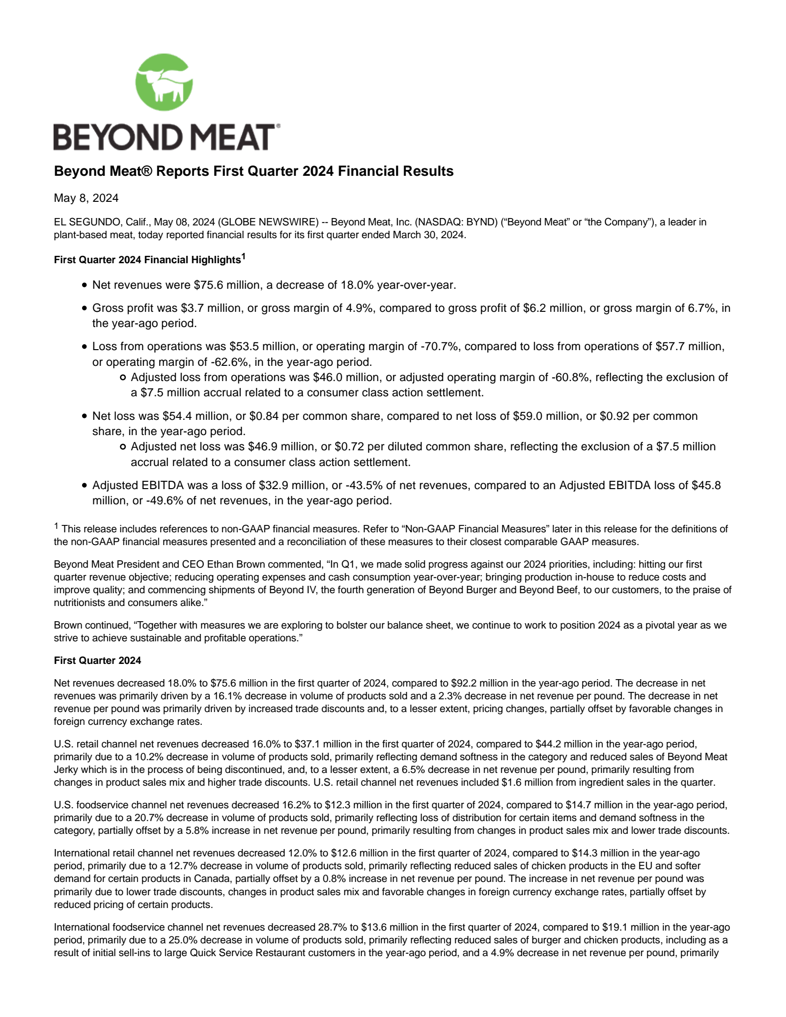Beyond Meat's Q1 2024 Earnings Release