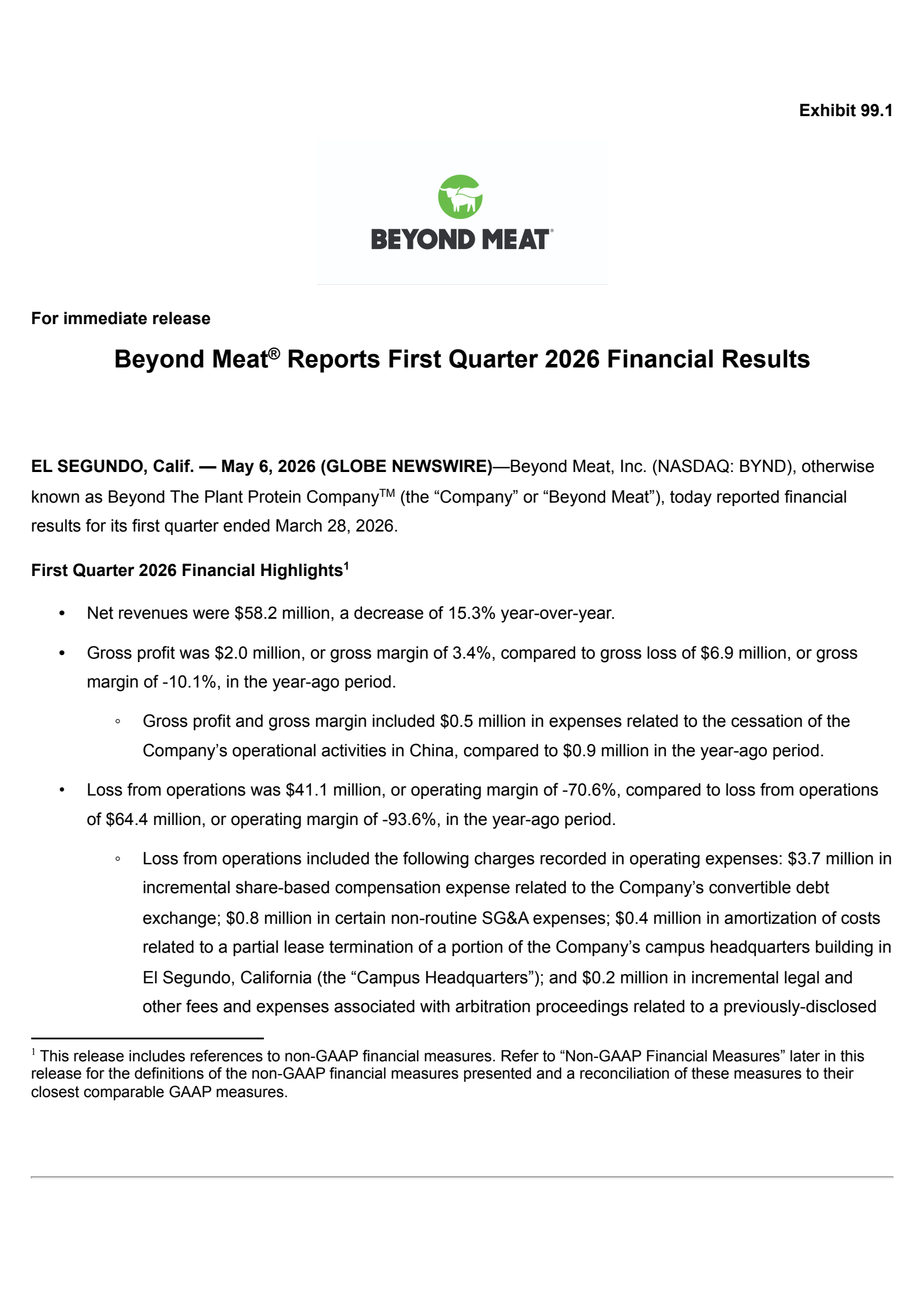 Beyond Meat's Q1 2026 Press Release