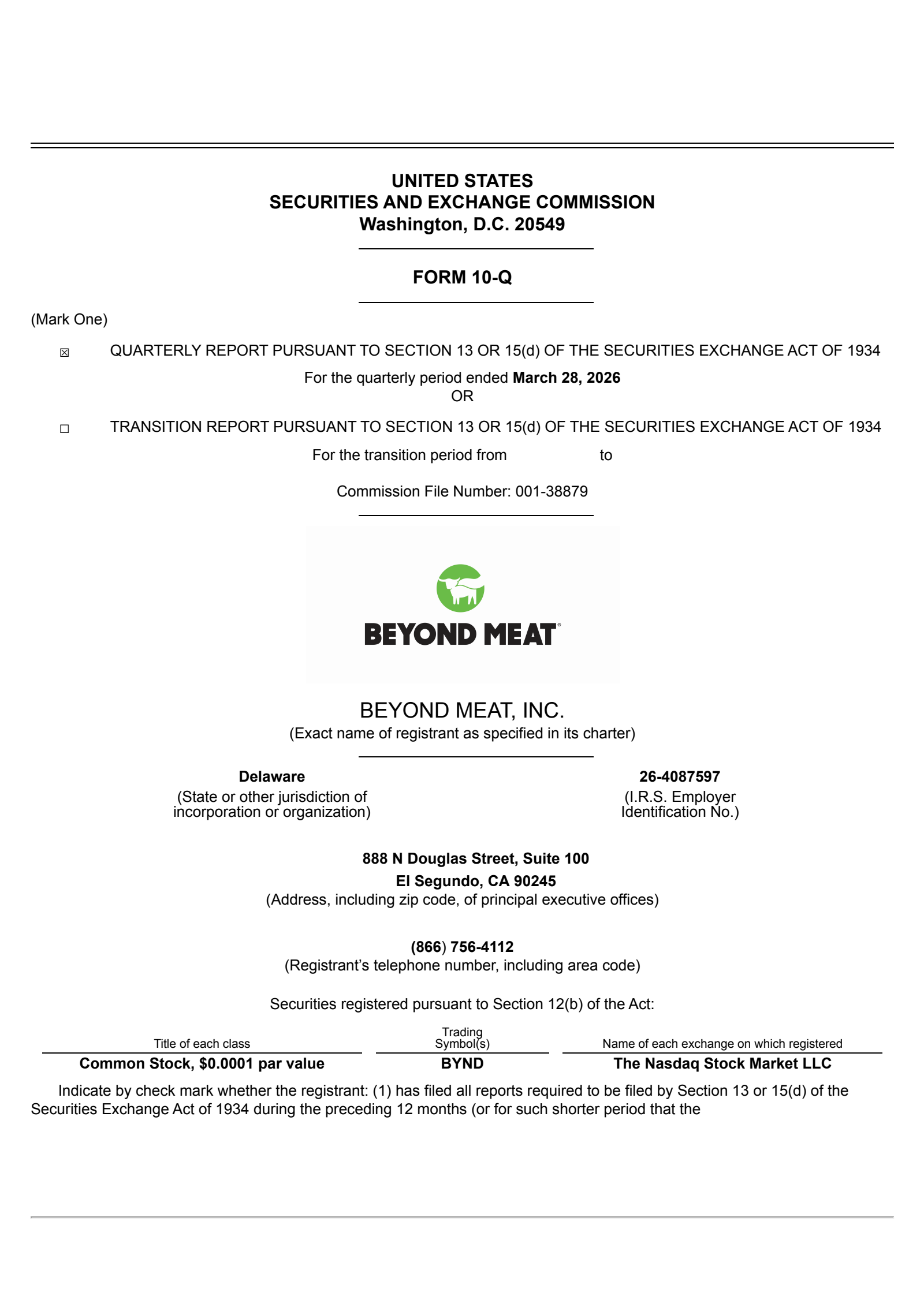 Beyond Meat's Q1 2026 Quarterly report