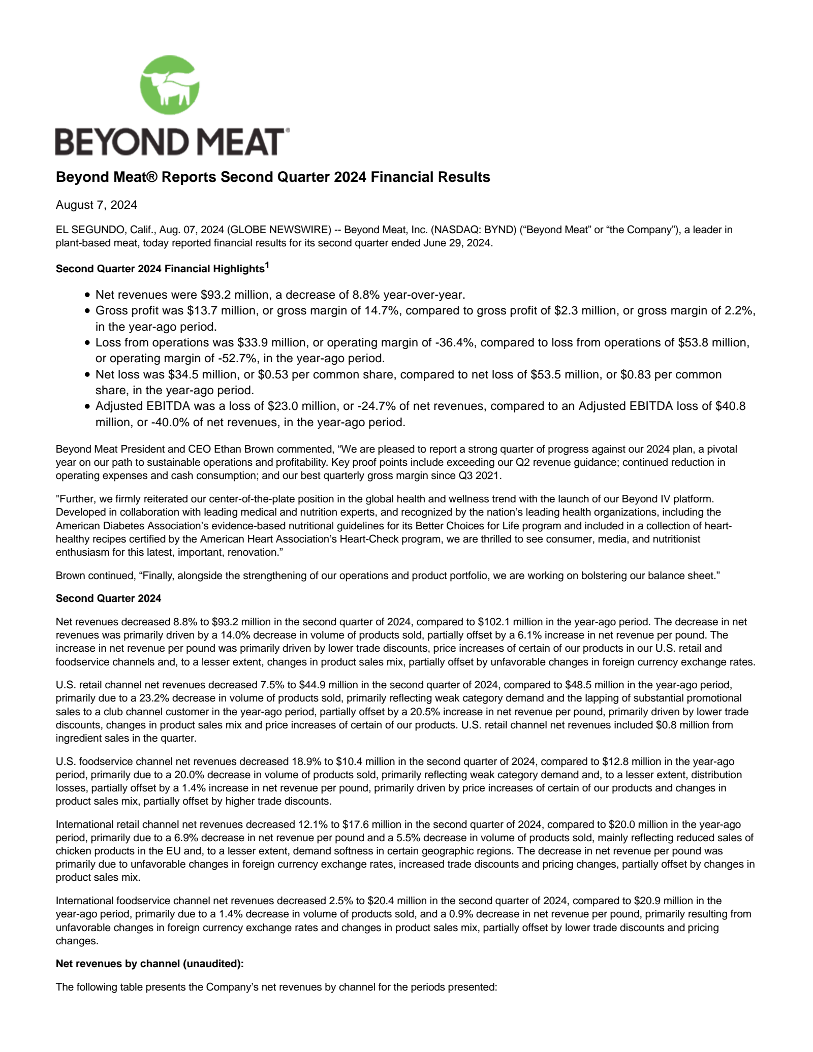 Beyond Meat's Q2 2024 Earnings Release