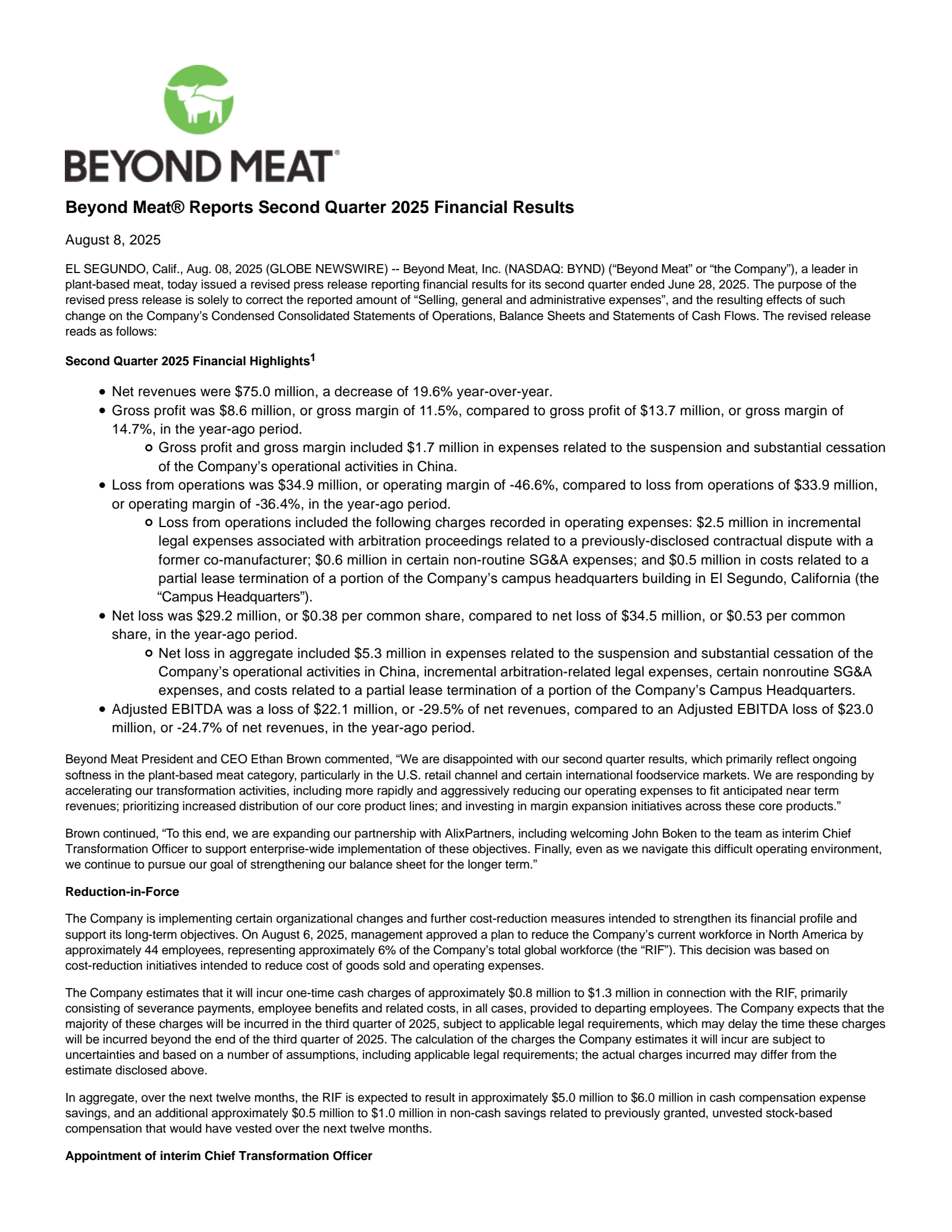 Beyond Meat's Q2 2025 Earnings Release
