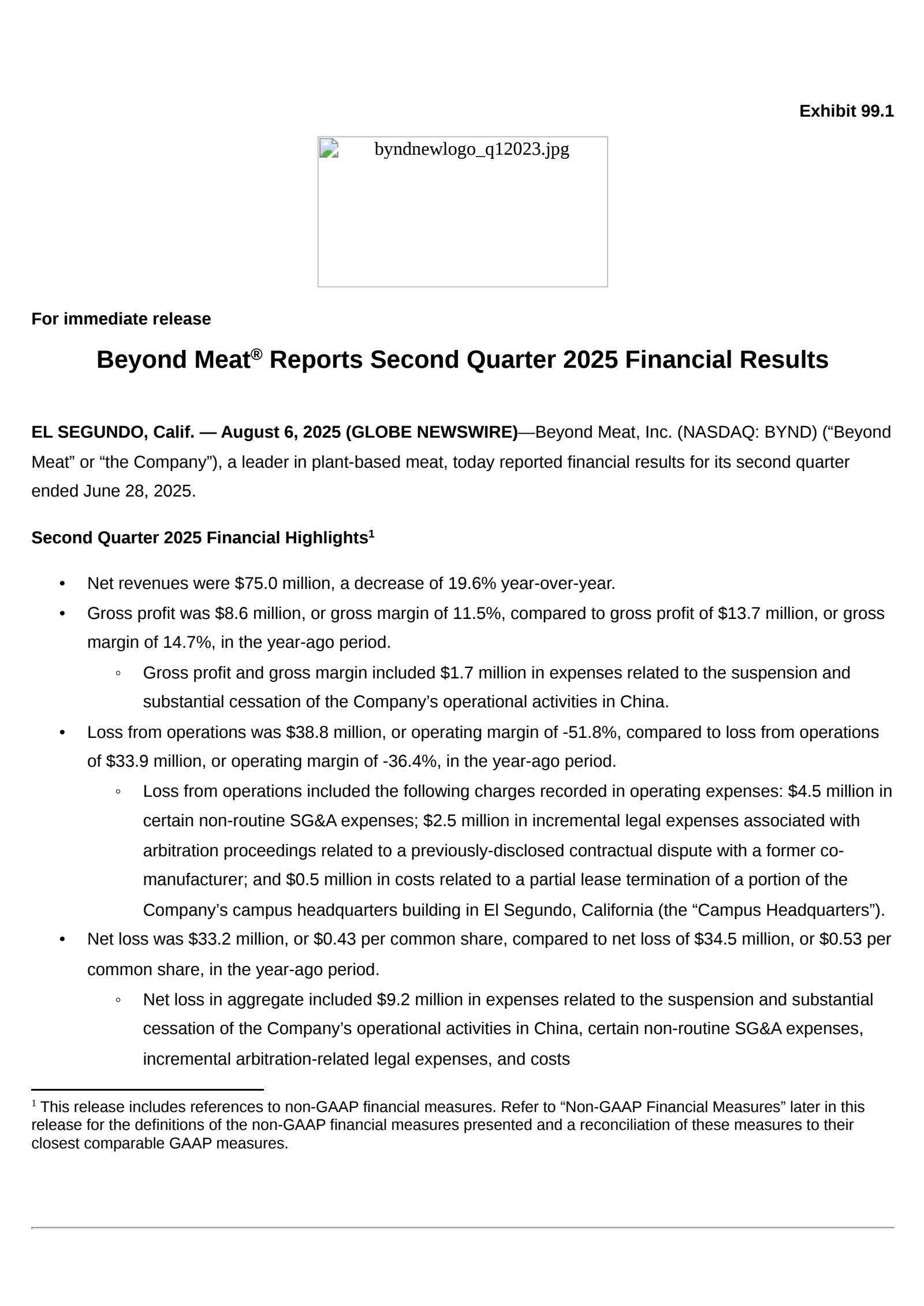 Beyond Meat's Q2 2025 Press Release