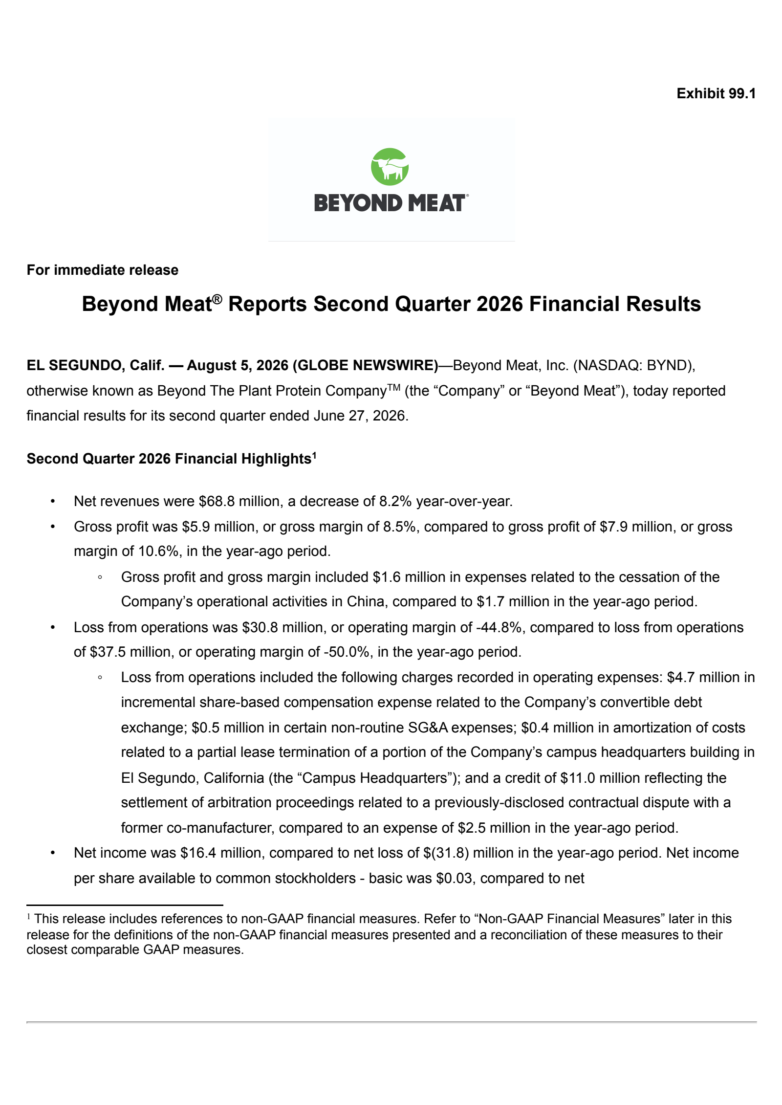 Beyond Meat's Q2 2026 Press Release