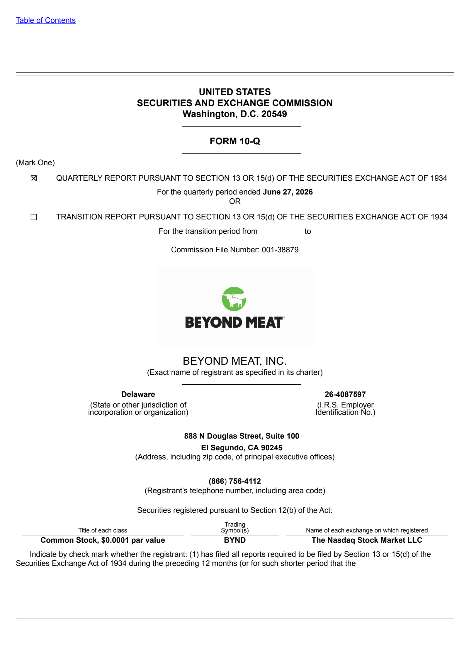 Beyond Meat's Q2 2026 Quarterly report