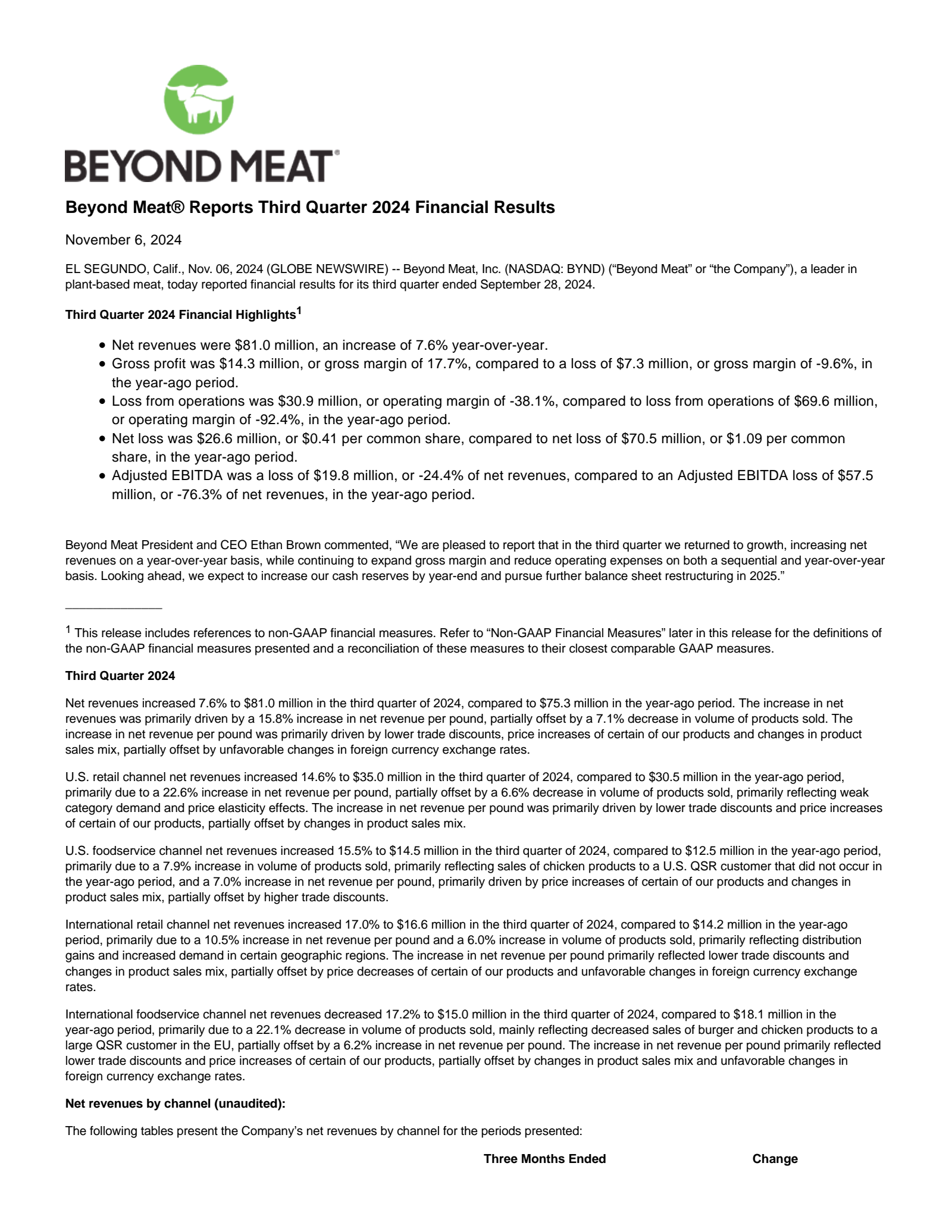 Beyond Meat's Q3 2024 Earnings Release