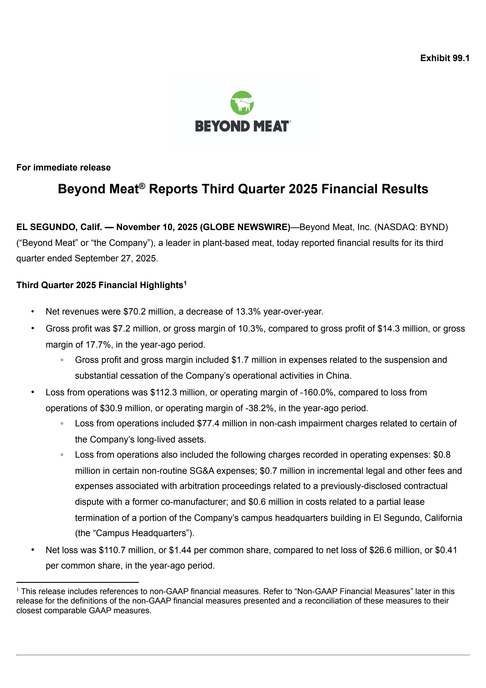 Beyond Meat's Q3 2025 Earnings Release