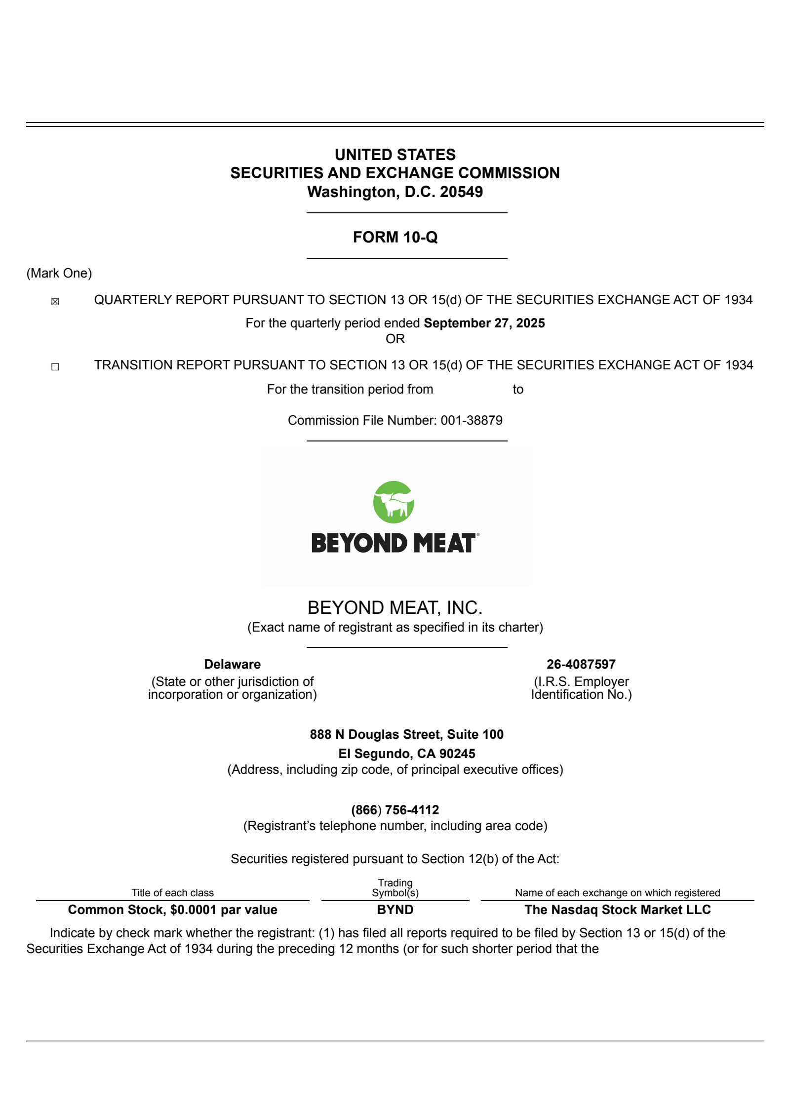 Beyond Meat's Q3 2025 Quarterly Report
