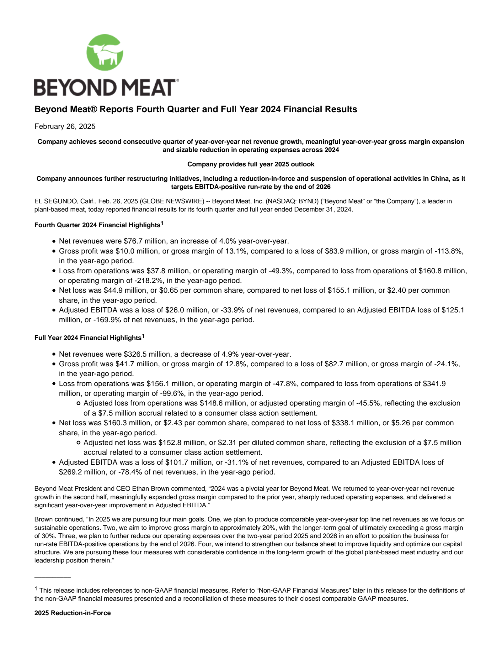 Beyond Meat's Q4 2024 Earnings Release
