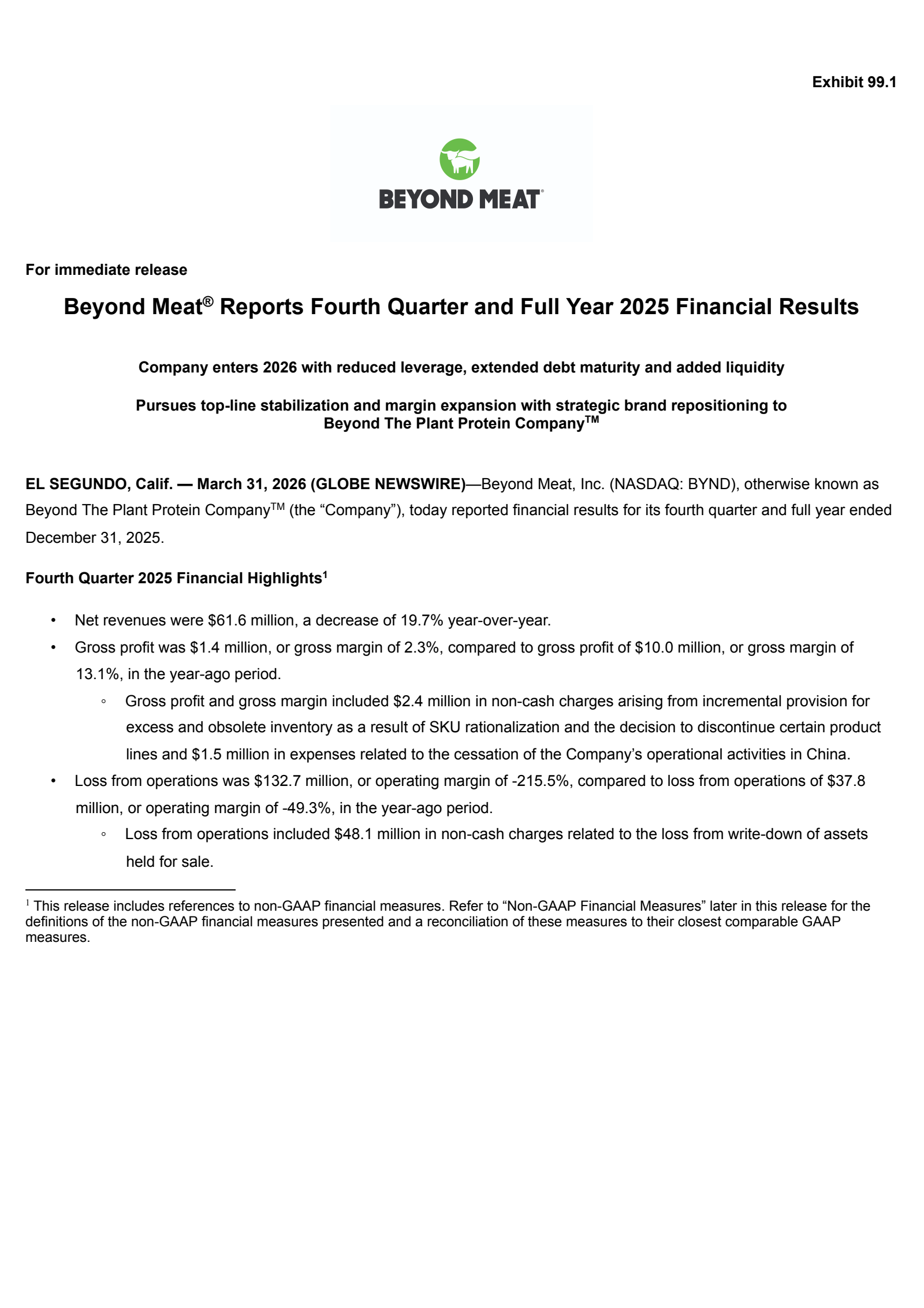 Beyond Meat's Q4 2025 Press Release