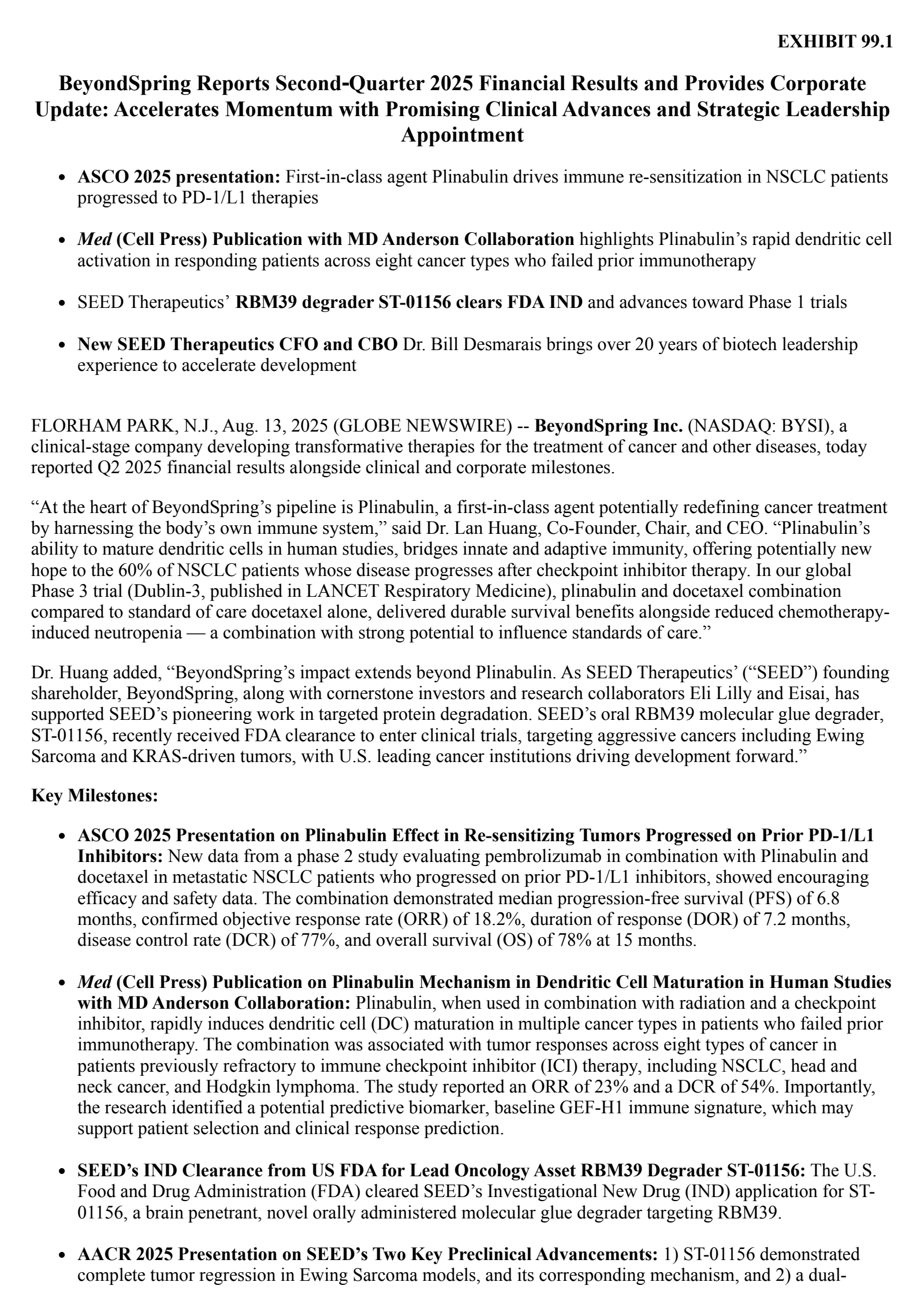 BeyondSpring's Q2 2025 Press Release