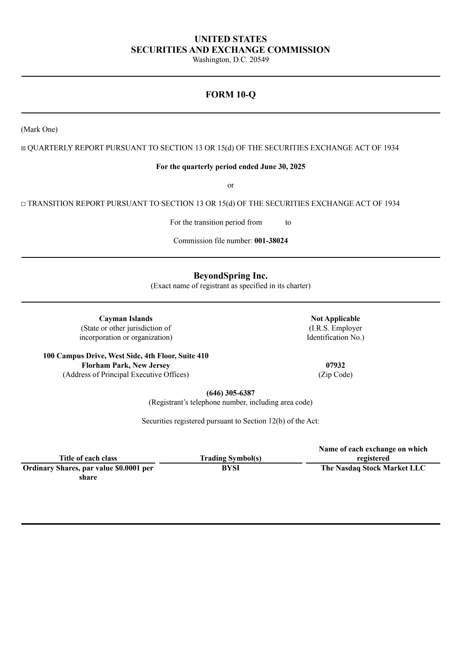 BeyondSpring's Q2 2025 Quarterly report