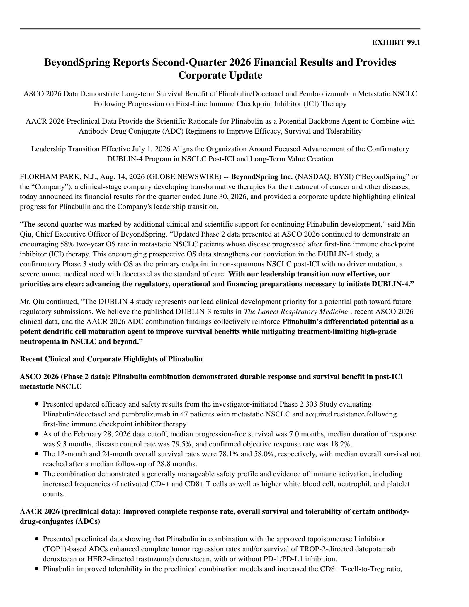 BeyondSpring's Q2 2026 Press Release