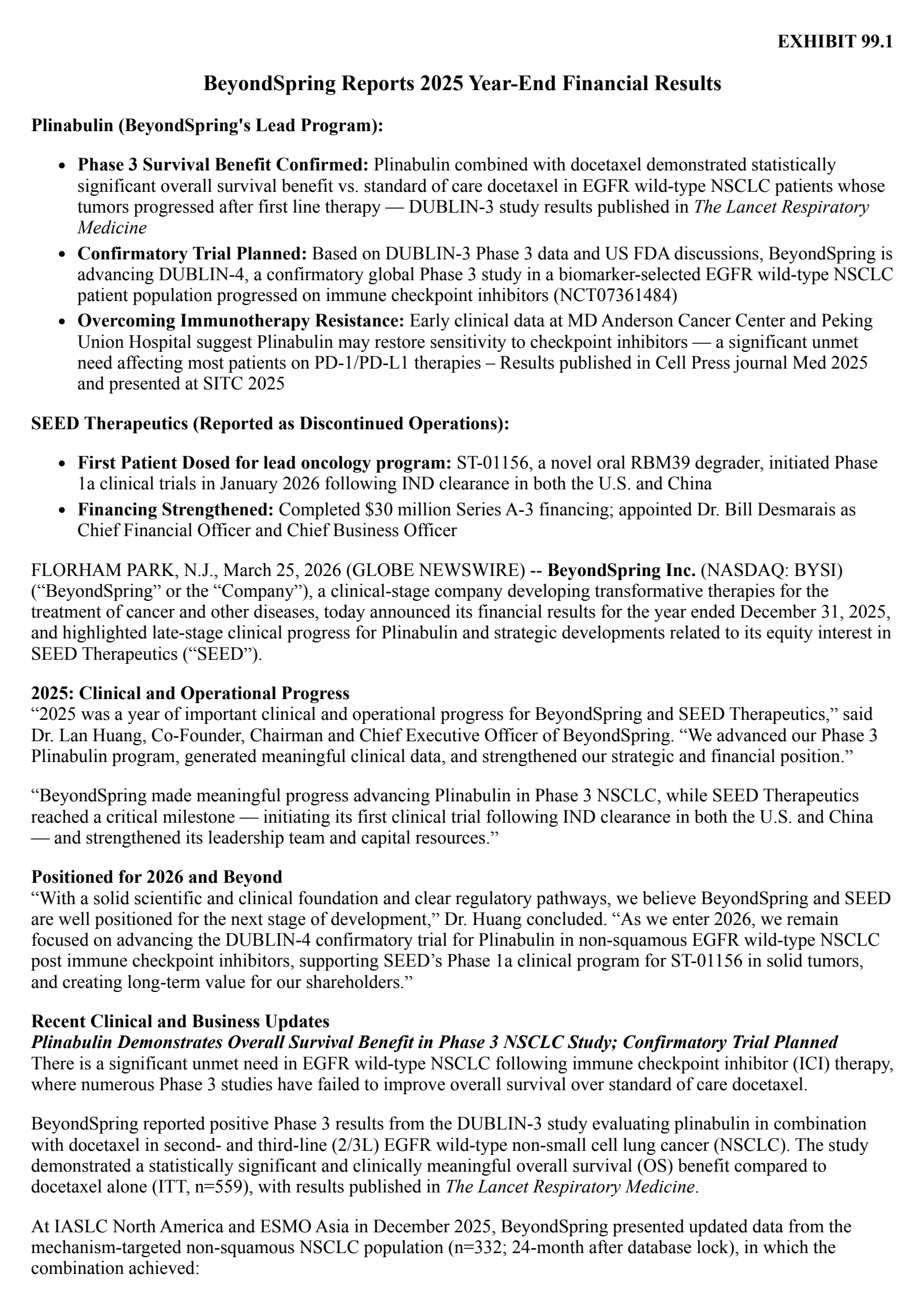 BeyondSpring's Q4 2025 Press Release