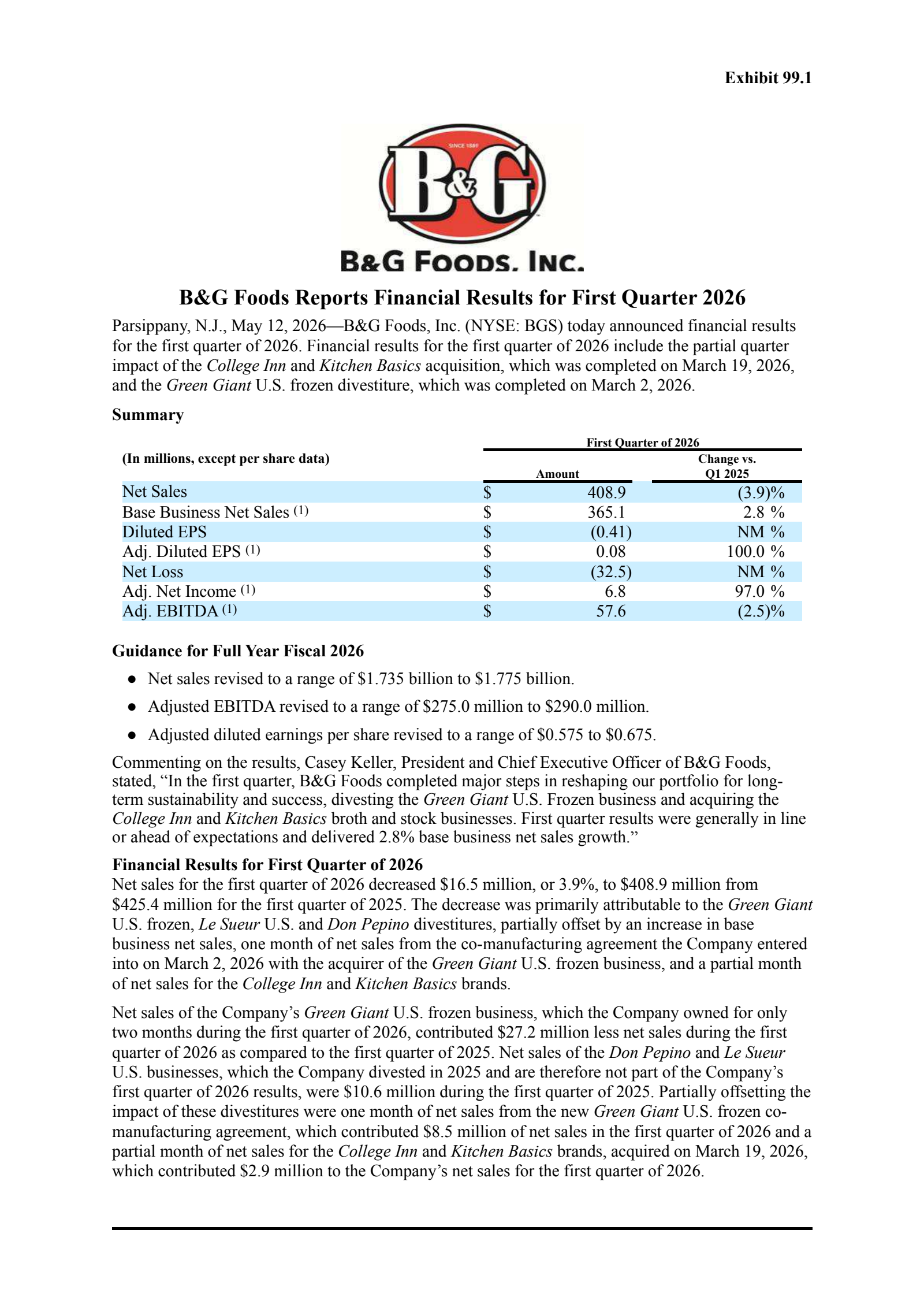 B&G Foods' Q1 2026 Press Release
