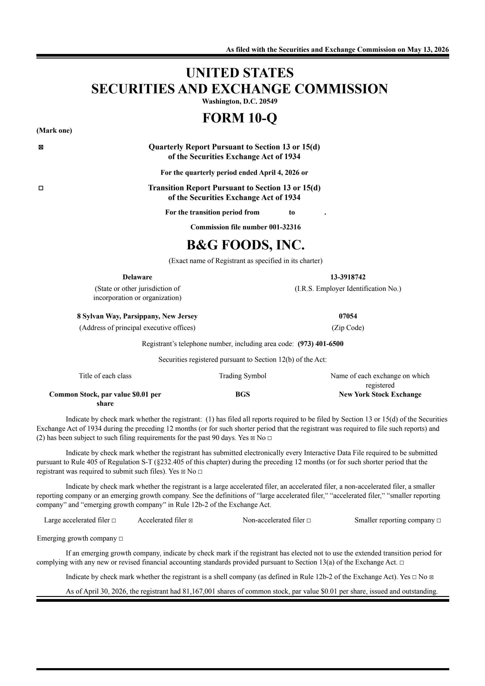 B&G Foods' Q1 2026 Quarterly report