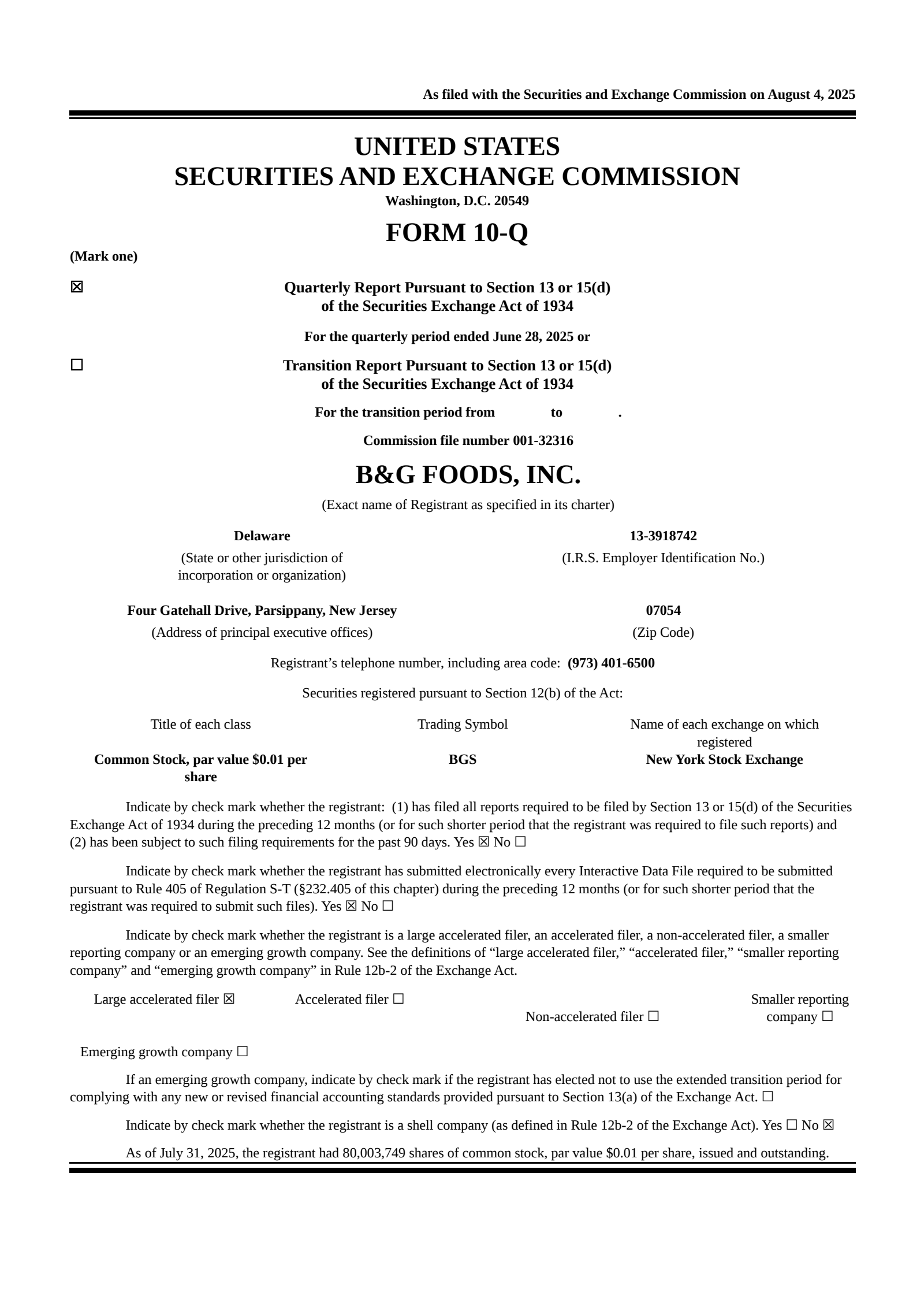 B&G Foods' Q2 2025 Quarterly report