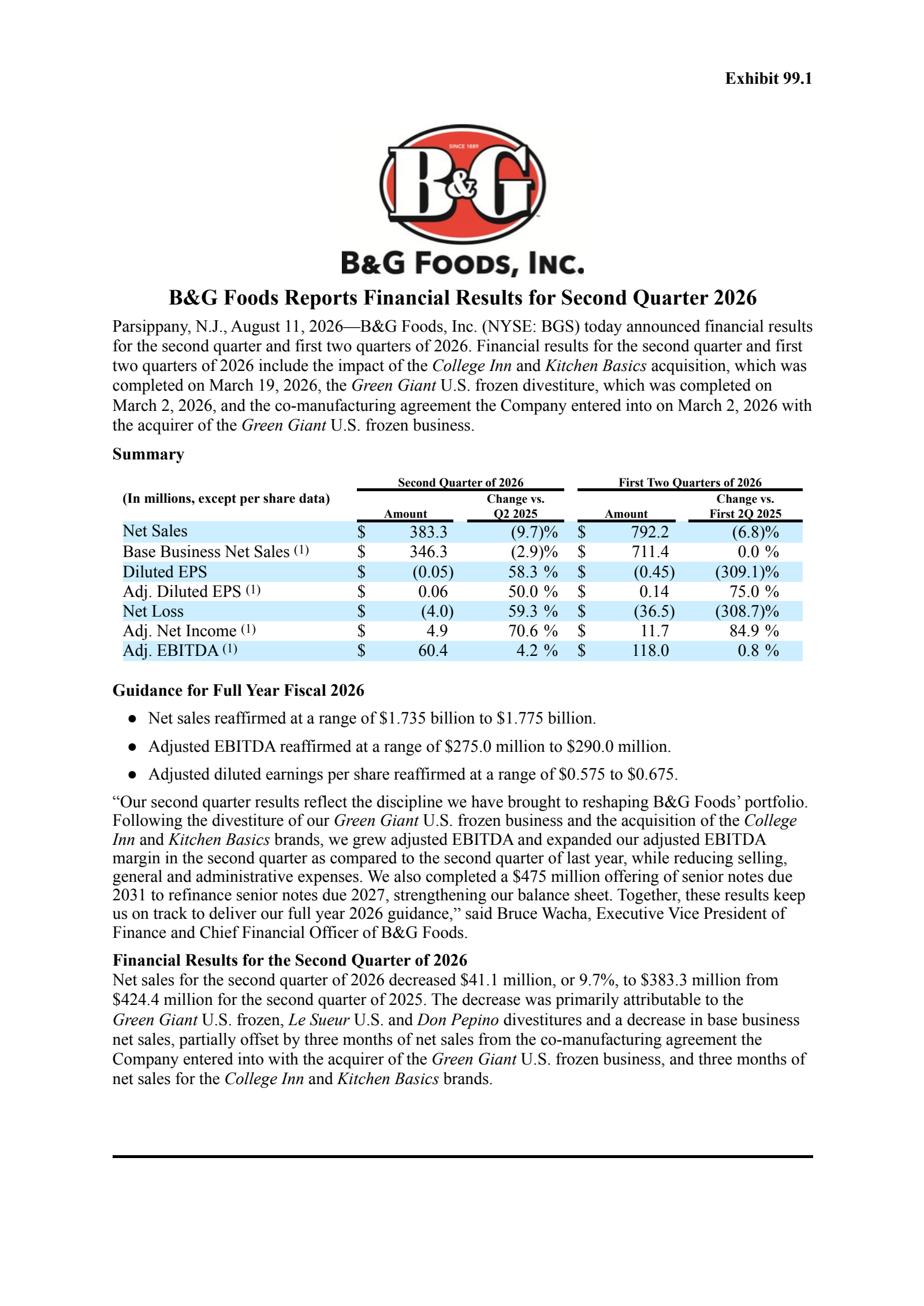 B&G Foods' Q2 2026 Press Release
