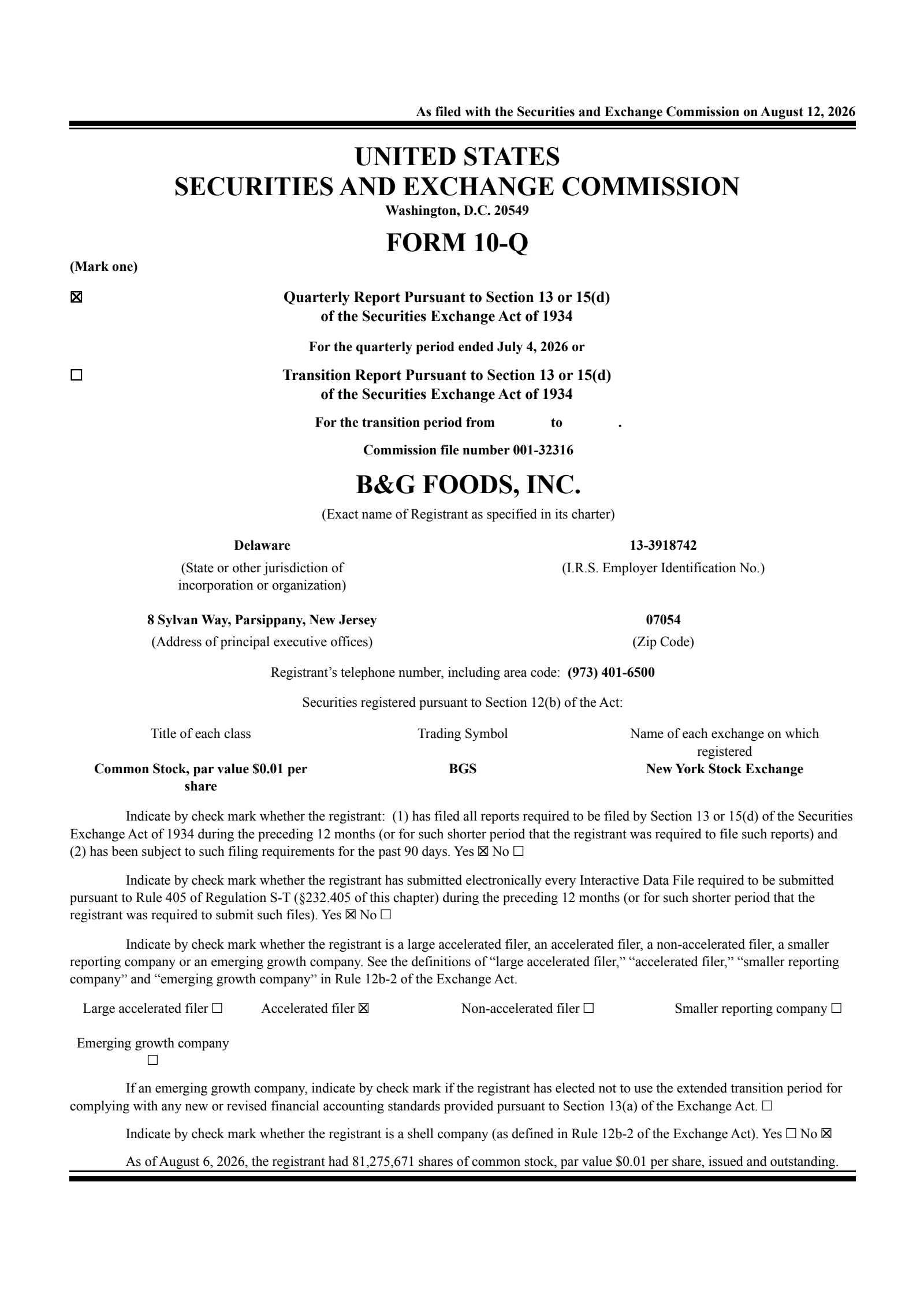 B&G Foods' Q2 2026 Quarterly report