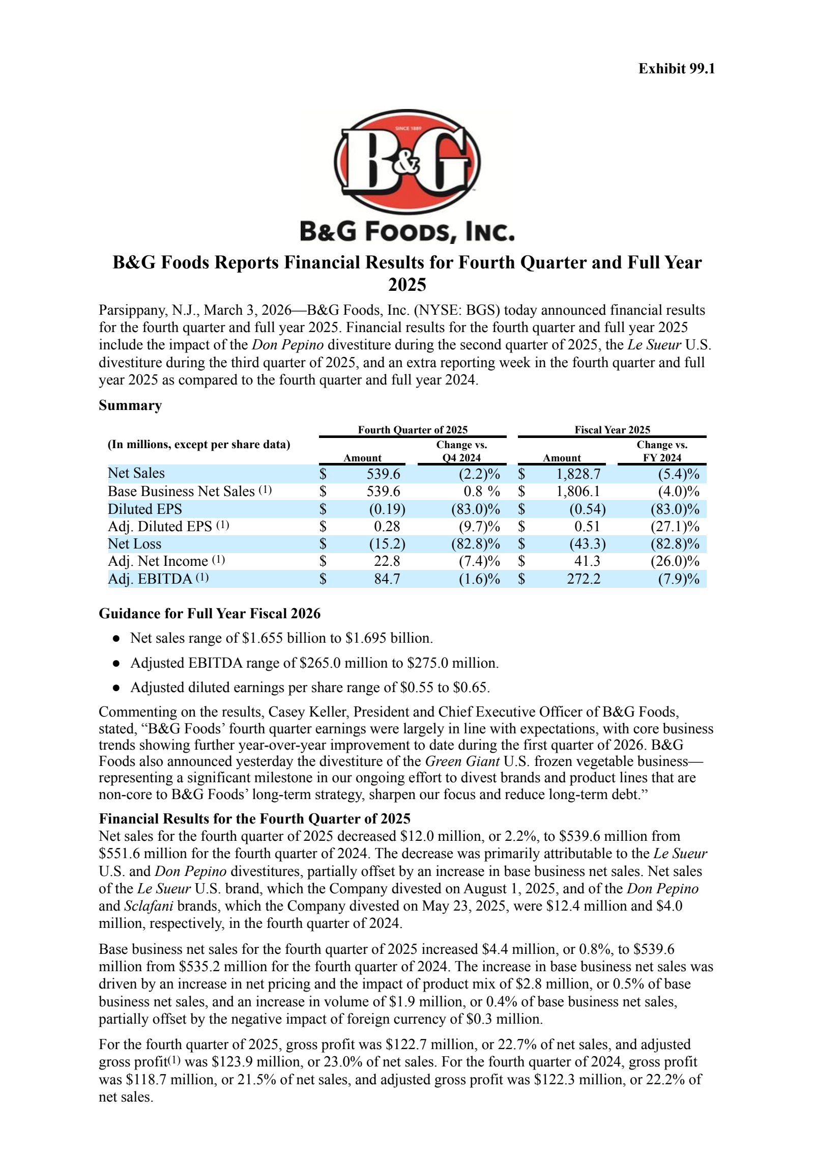 B&G Foods' Q4 2025 Press Release