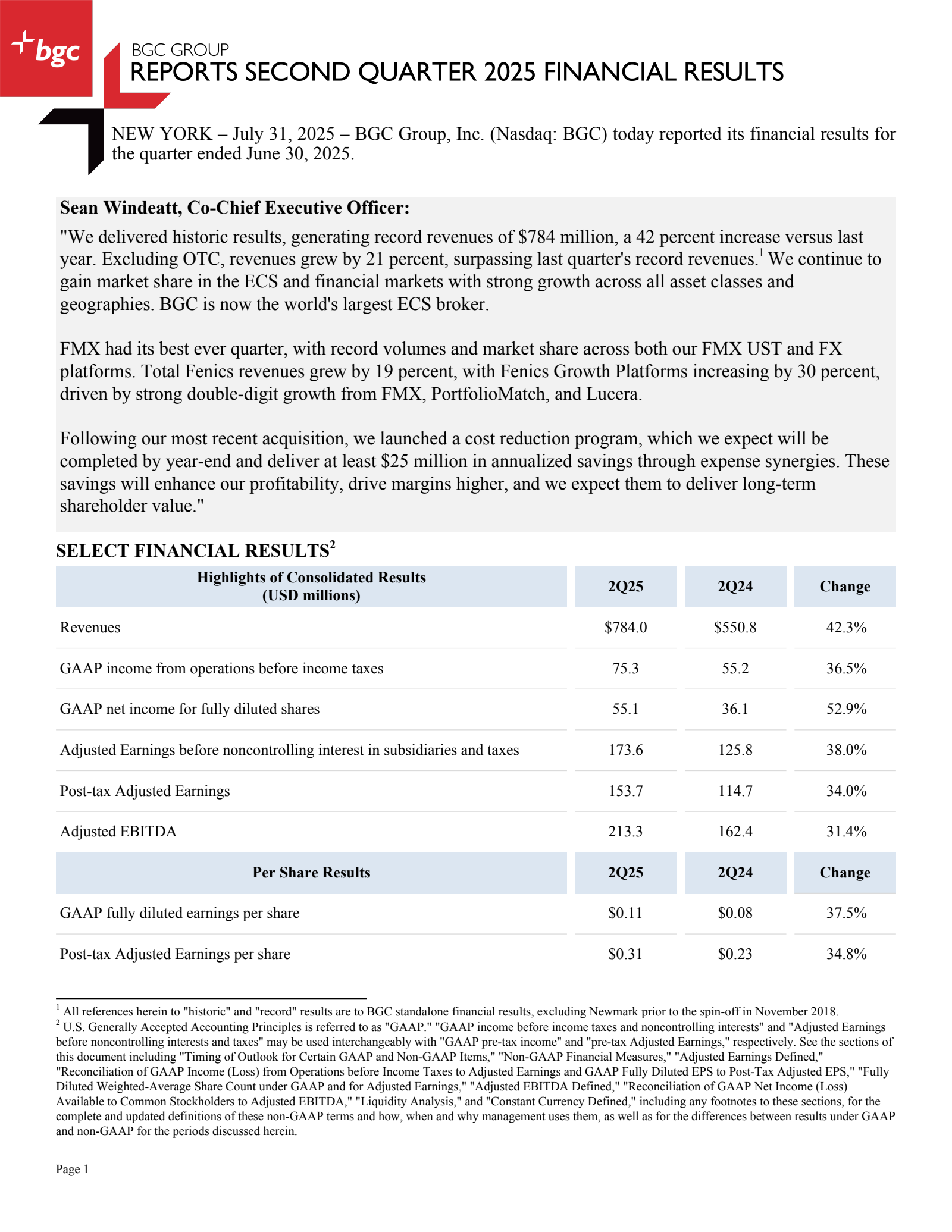 BGC Group's Q2 2025 Press Release