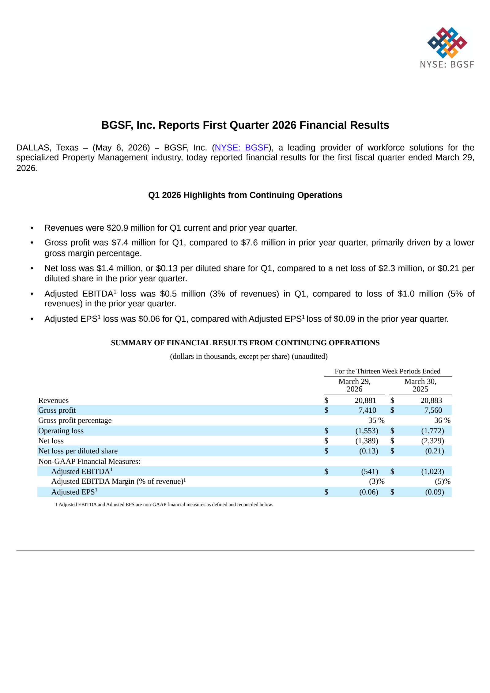 BGSF's Q1 2026 Press Release