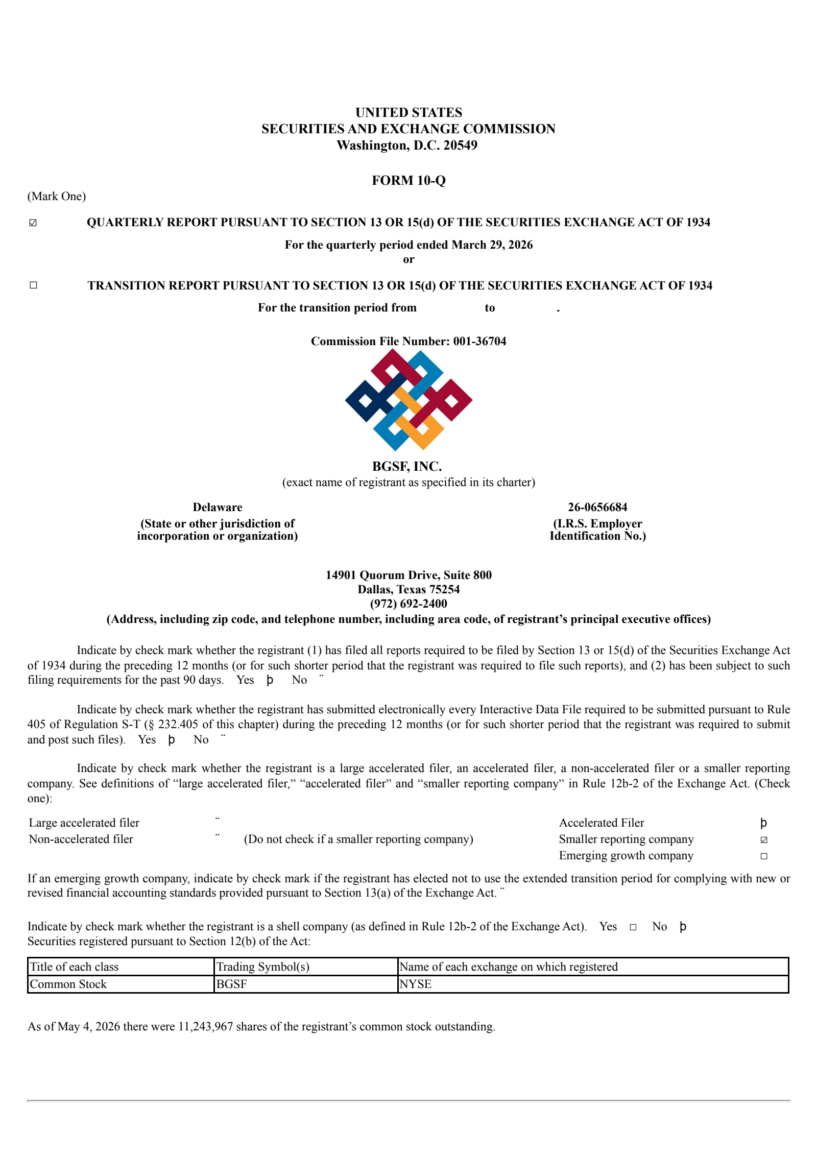 BGSF's Q1 2026 Quarterly report