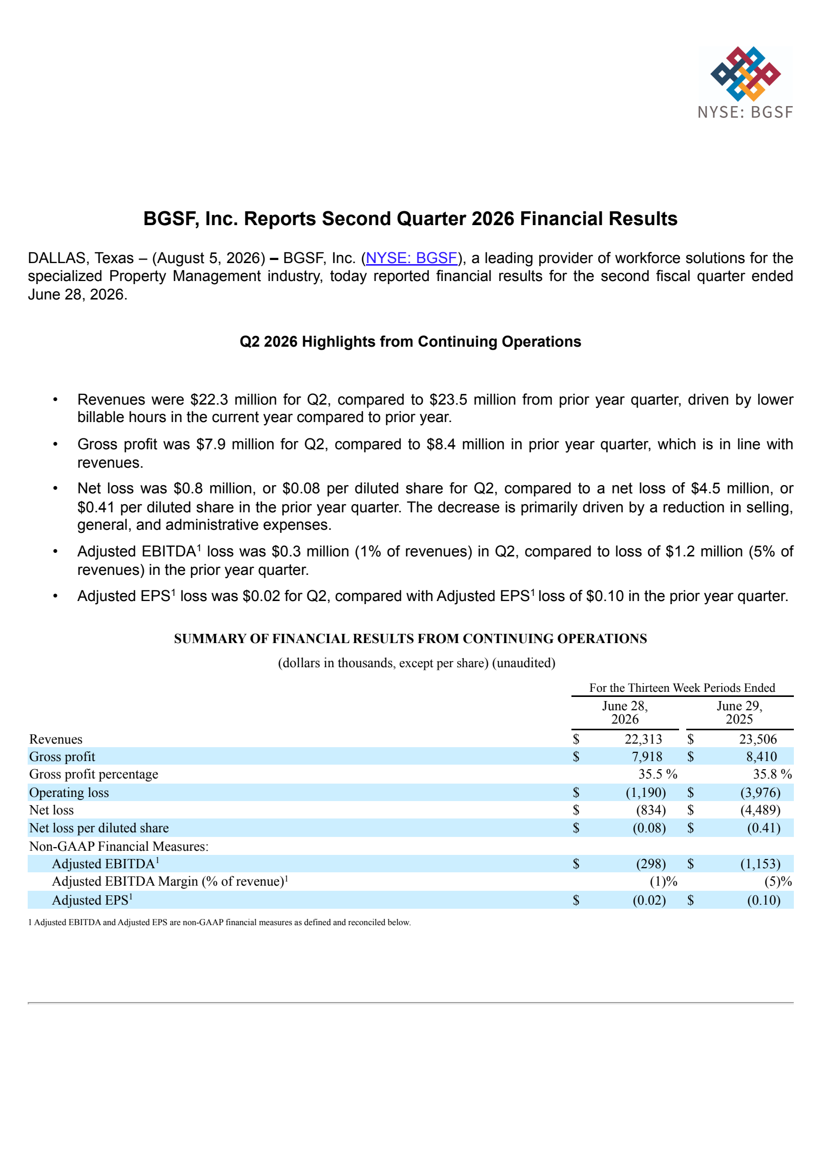 BGSF's Q2 2026 Press Release
