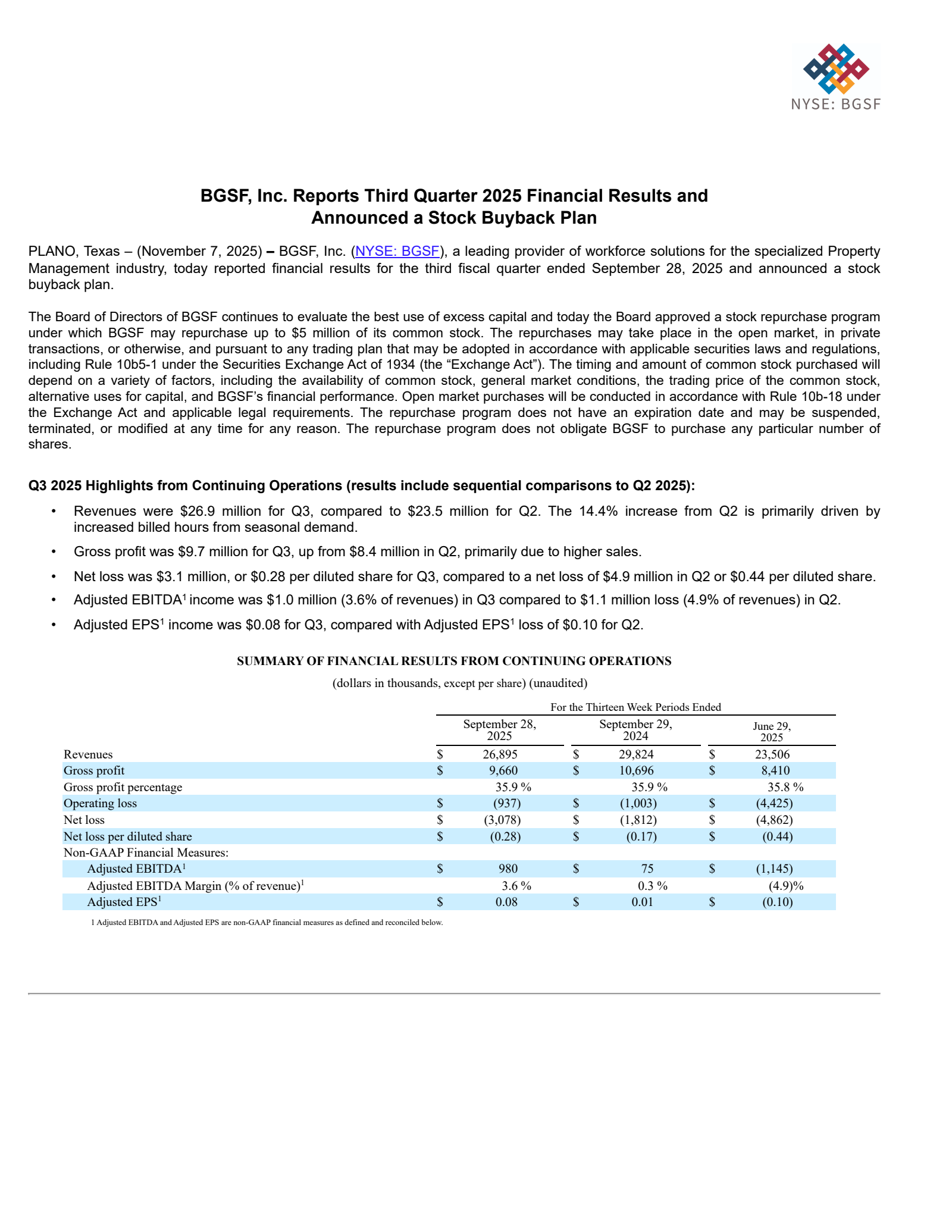 BGSF's Q3 2025 Earnings Release
