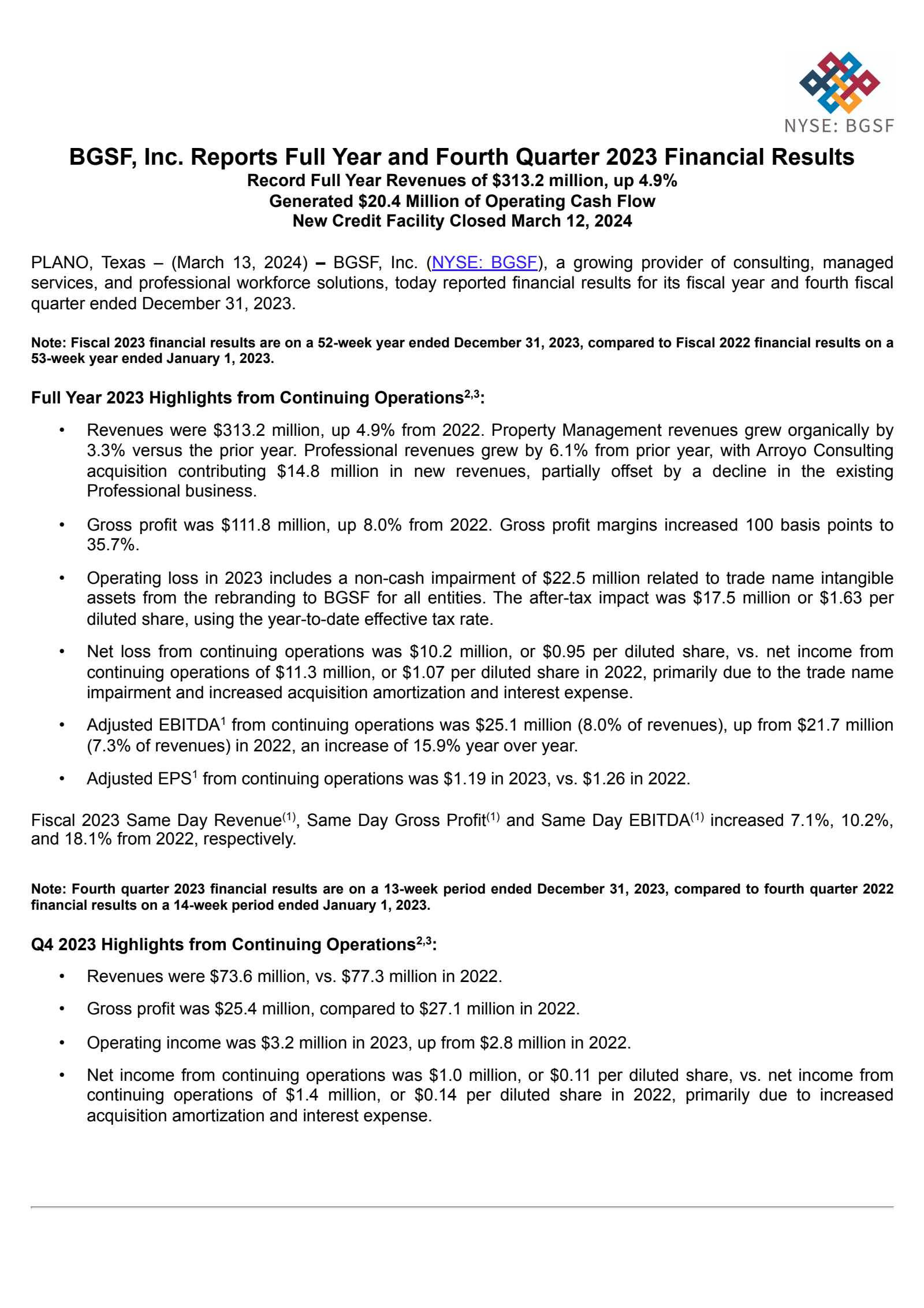 BGSF's Q4 2023 Press Release